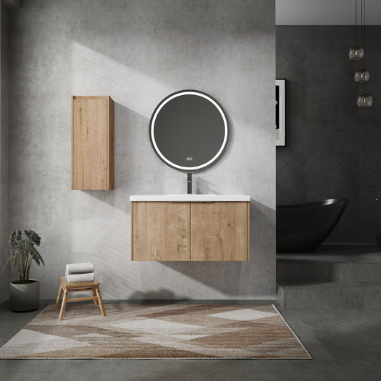 Modern oak bathroom vanity with a white countertop and sleek faucet