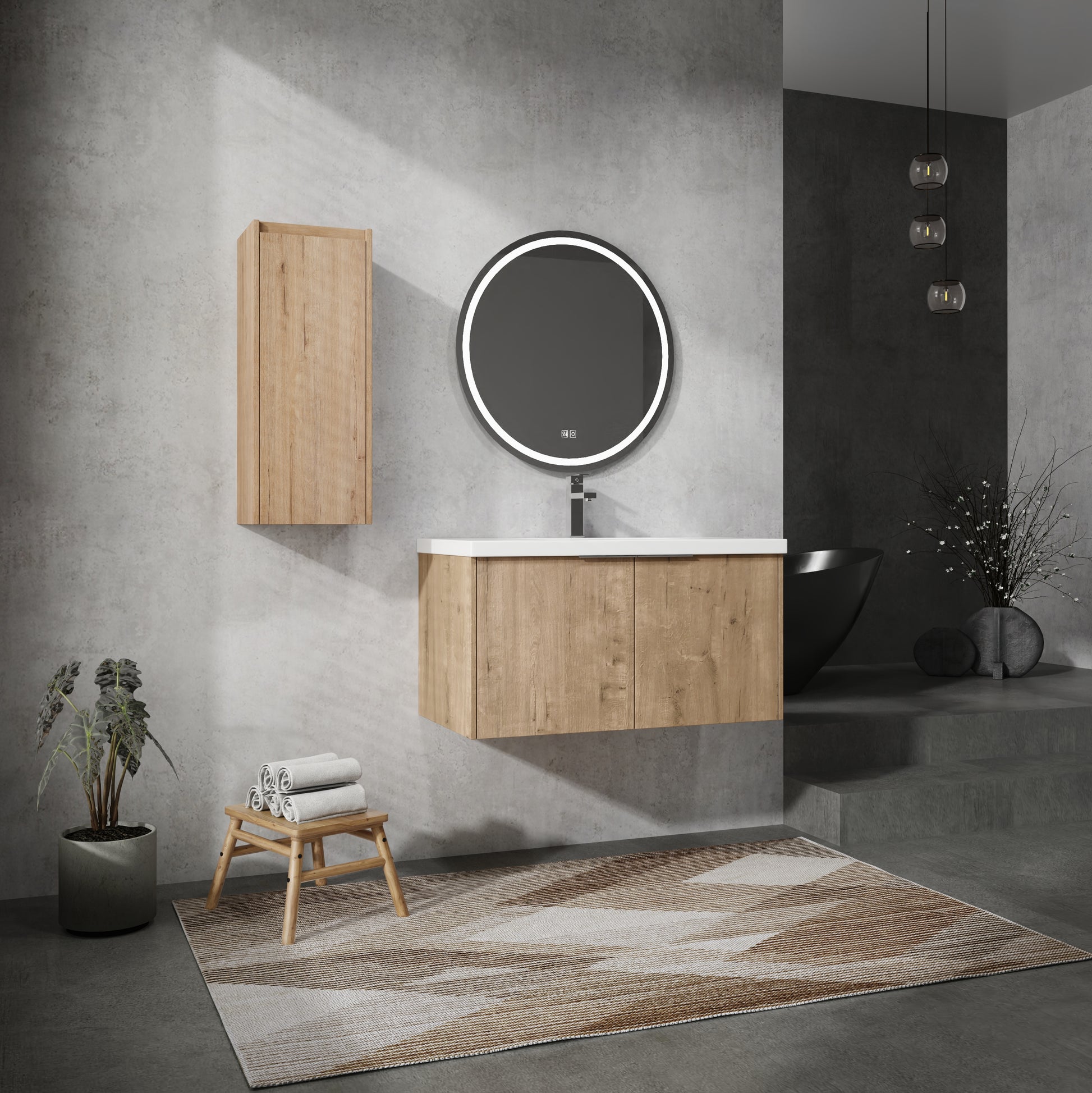 Floating oak vanity with modern white countertop and chrome faucet