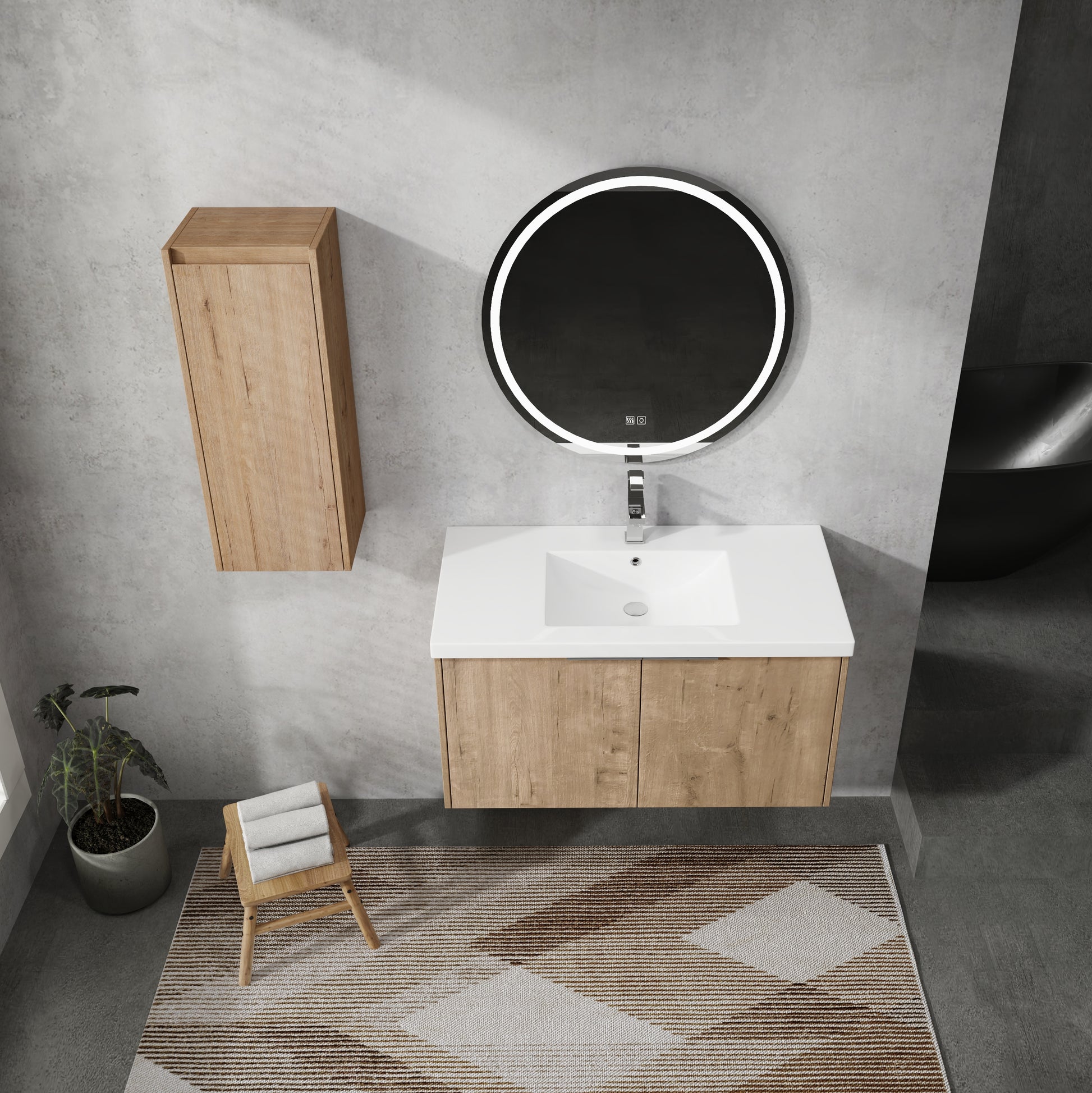 Modern oak vanity with white sink and integrated LED round mirror in a contemporary bathroom