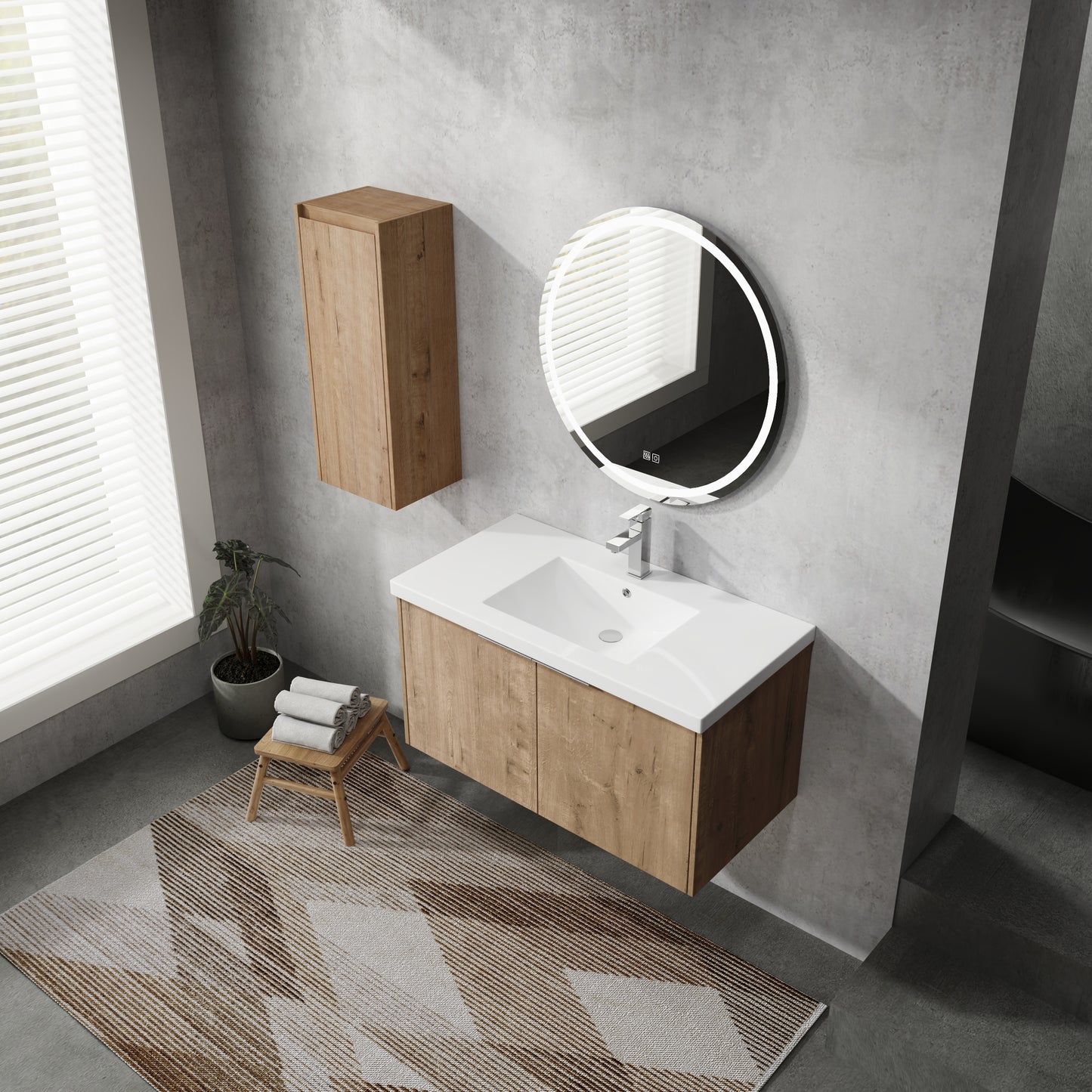 Modern oak vanity with double drawers and a white ceramic sink illuminated mirror above