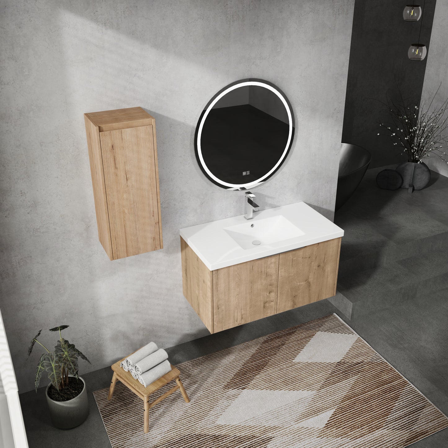 Modern oak wood bathroom vanity with integrated white sink and chrome faucet