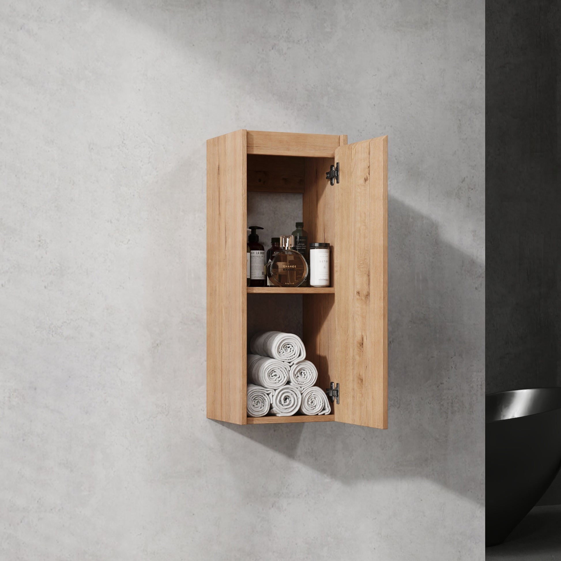Modern oak medicine cabinet with open doors displaying toiletries and rolled towels