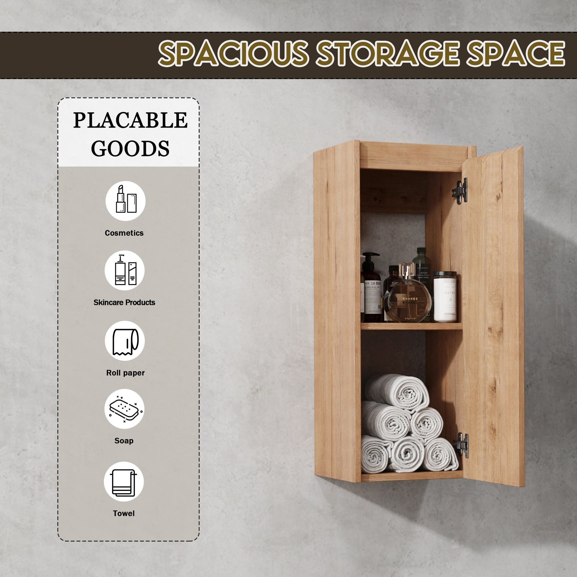 Light oak modern wall cabinet with toiletries on top shelf and rolled towels below