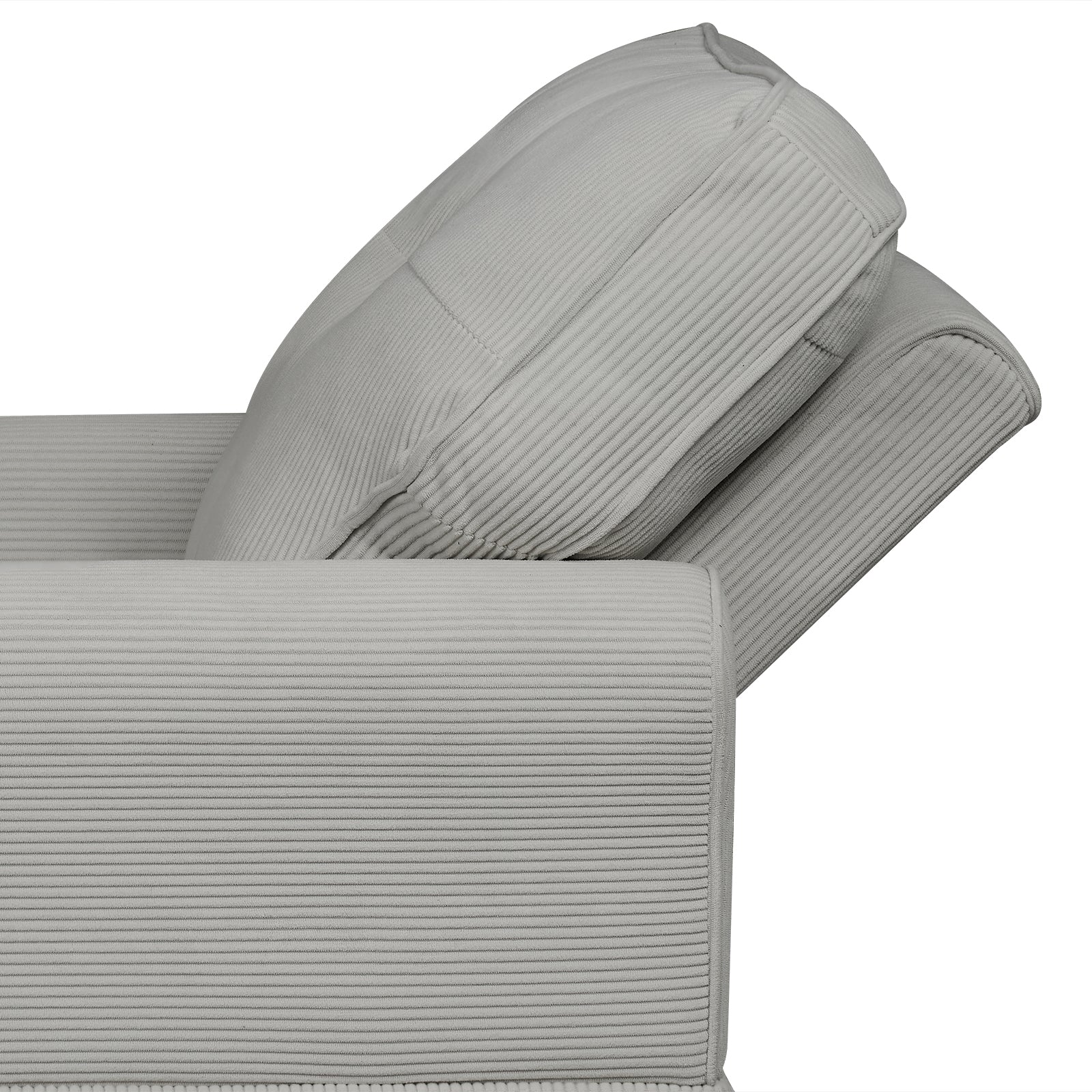 Grey corduroy armchair with plush cushioning and supportive armrest