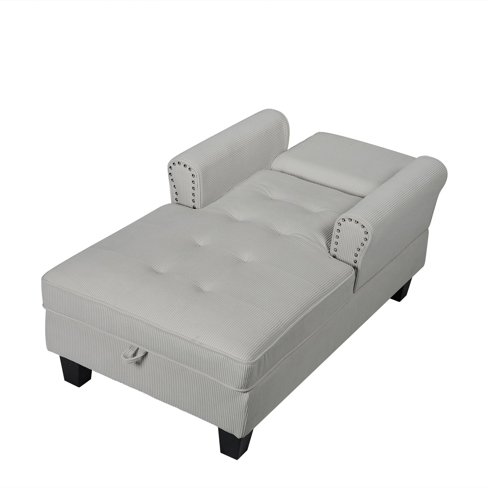 Tufted grey corduroy chaise lounge with studded arms and hidden storage