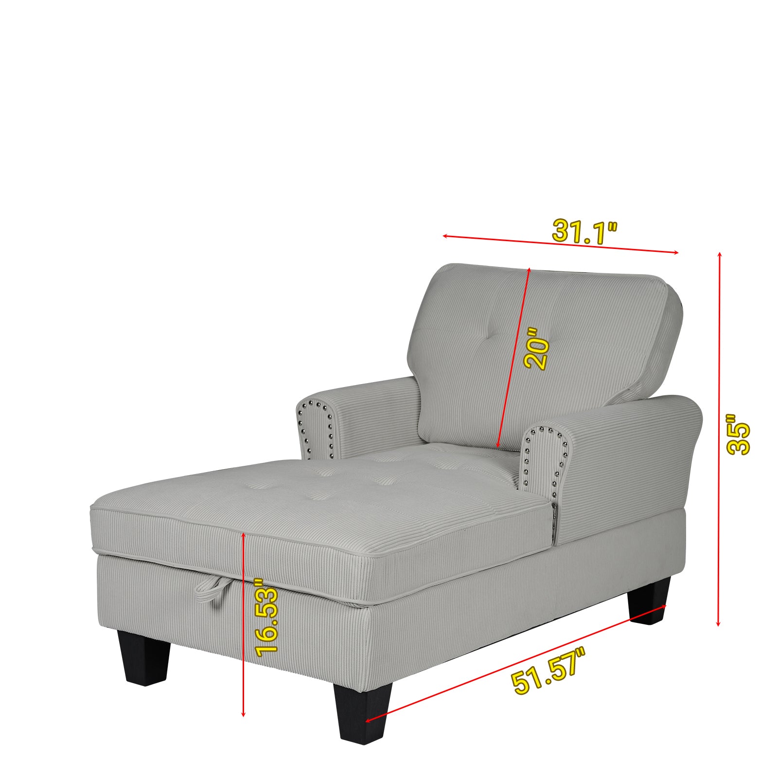 Light gray corduroy chaise lounge with tufted cushion and decorative nailhead trim