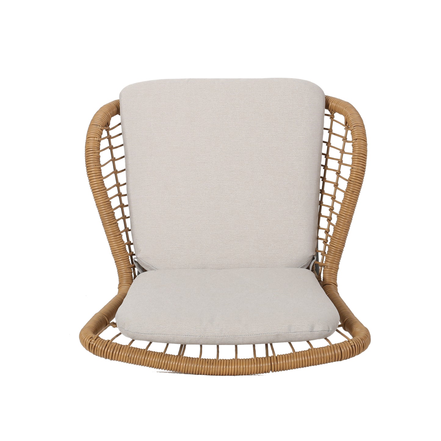 Woven rattan chair with beige seat and back cushions modern outdoor furniture