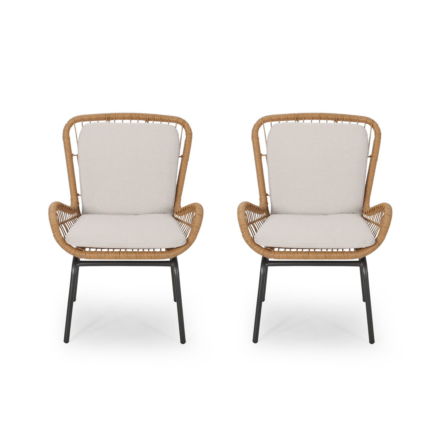 Two natural rattan accent chairs with beige cushions and black metal legs perfect for patio decor