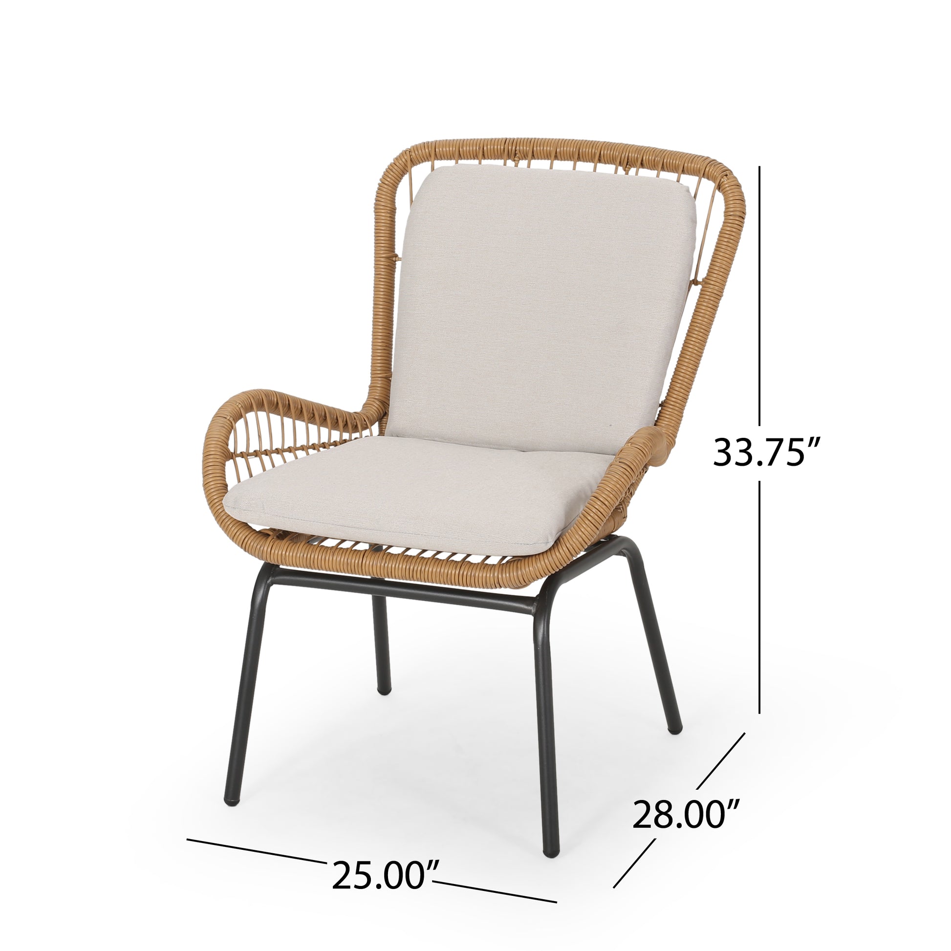Woven rattan accent chair with a neutral cushion and black metal legs