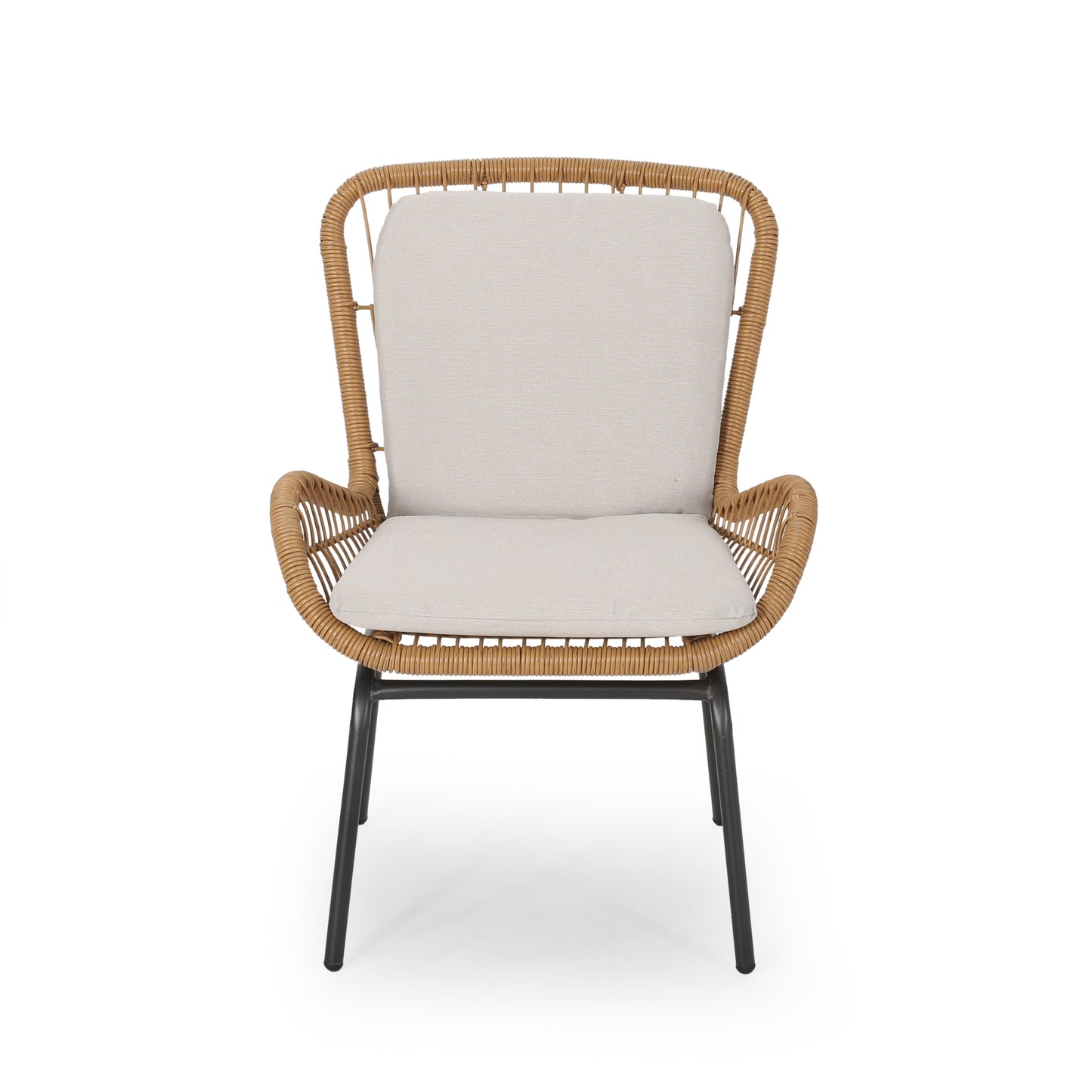 Woven rattan accent chair with beige cushion and black metal legs modern design