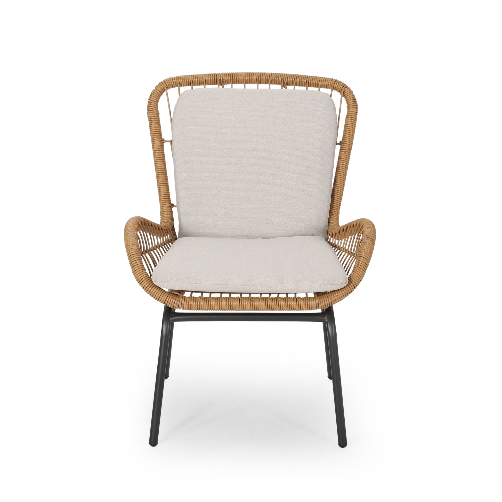 Woven rattan accent chair with beige cushion and black metal legs modern design