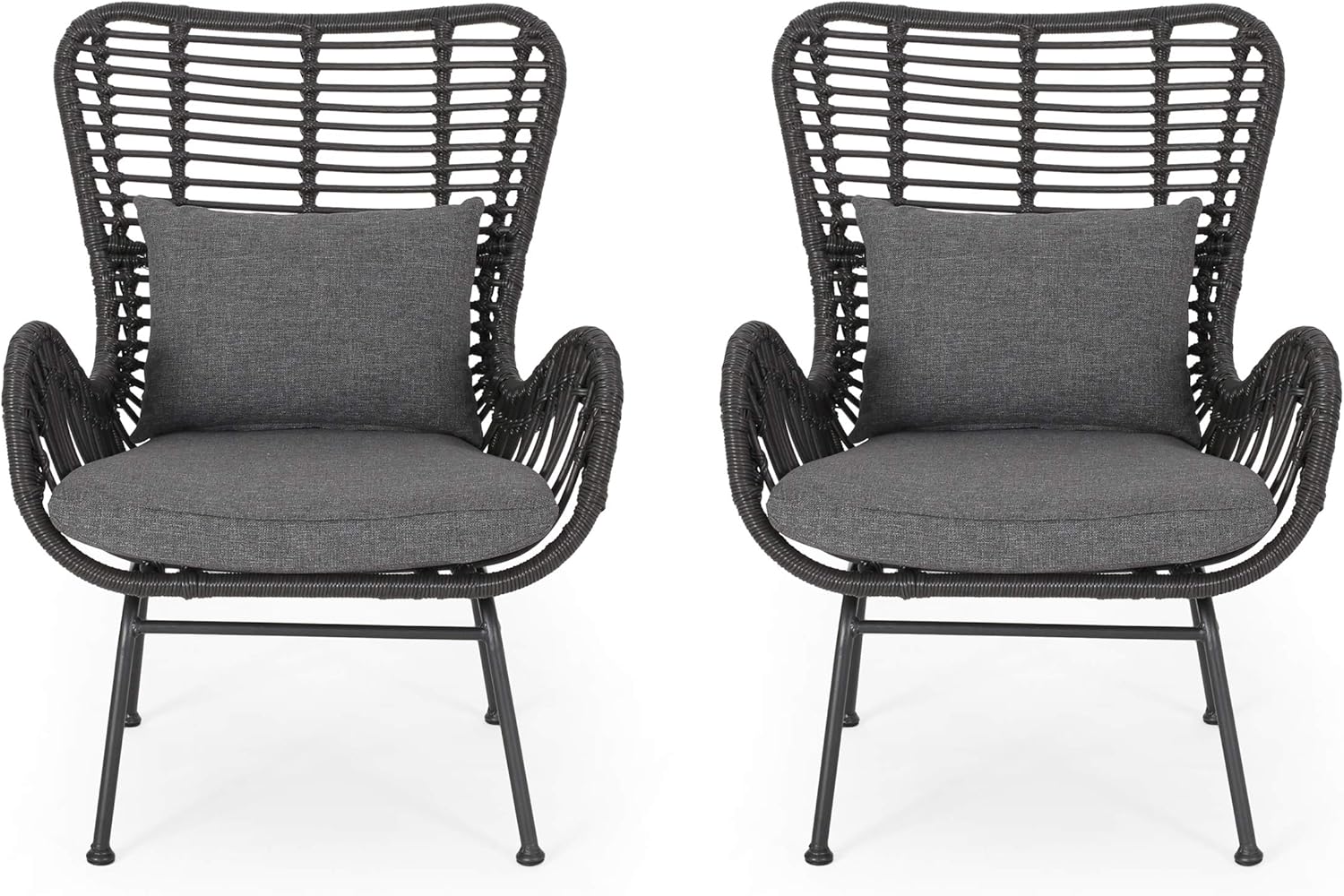 Two dark gray wicker outdoor chairs with charcoal cushions and pillows