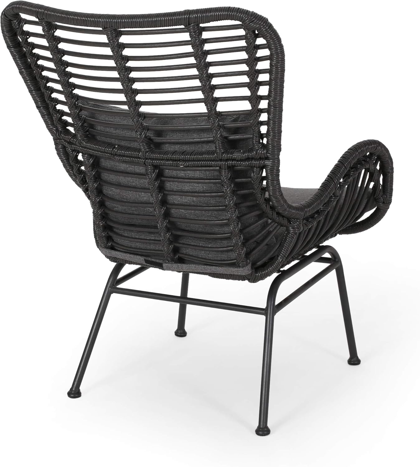 Black wicker armchair with a high back and grey cushion on metal legs