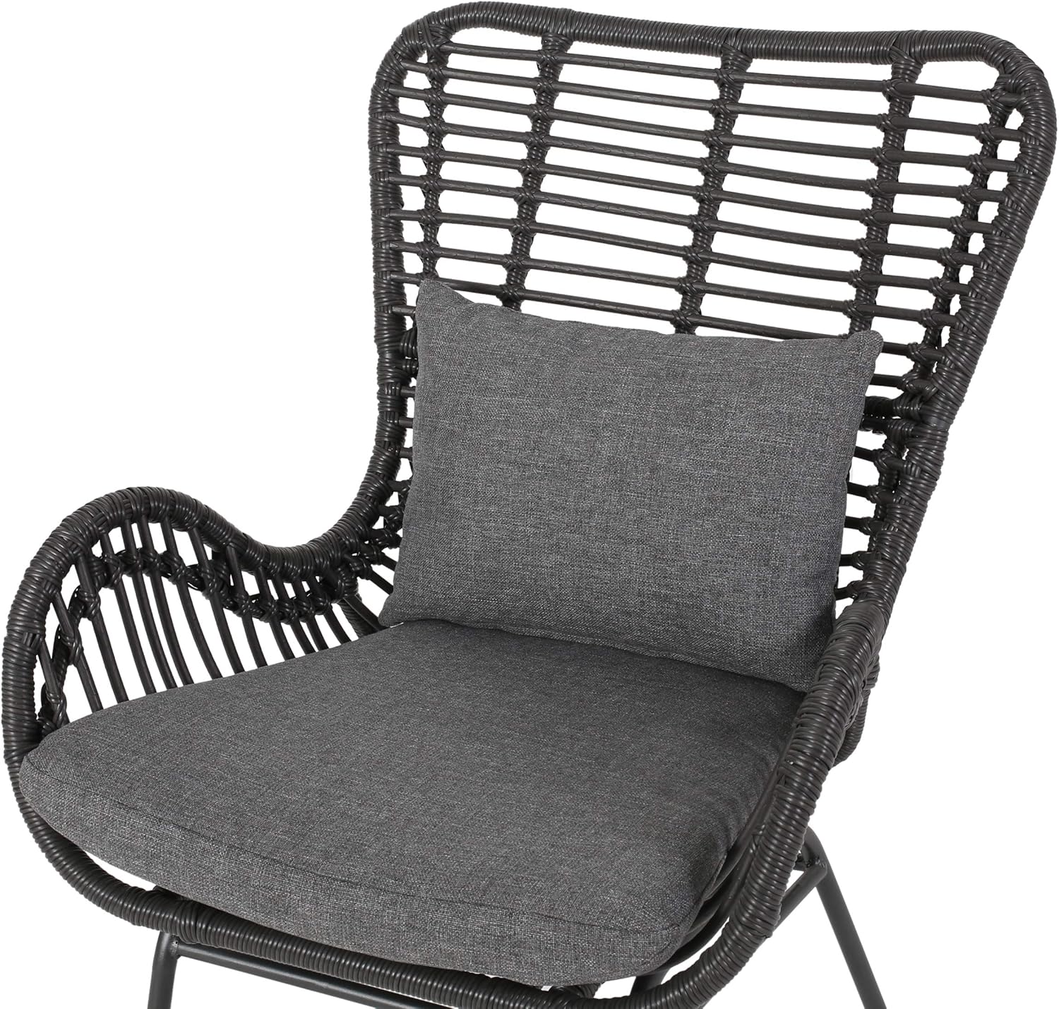 Dark gray wicker patio chair with comfortable charcoal cushions and a high backrest