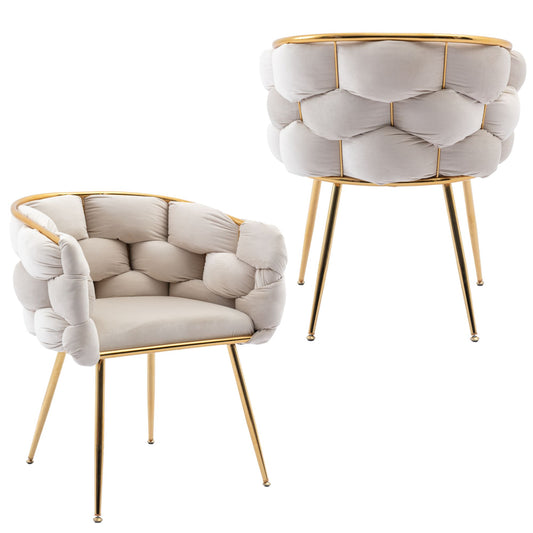 Cream velvet accent chair with plush cushioning and gold metal legs
