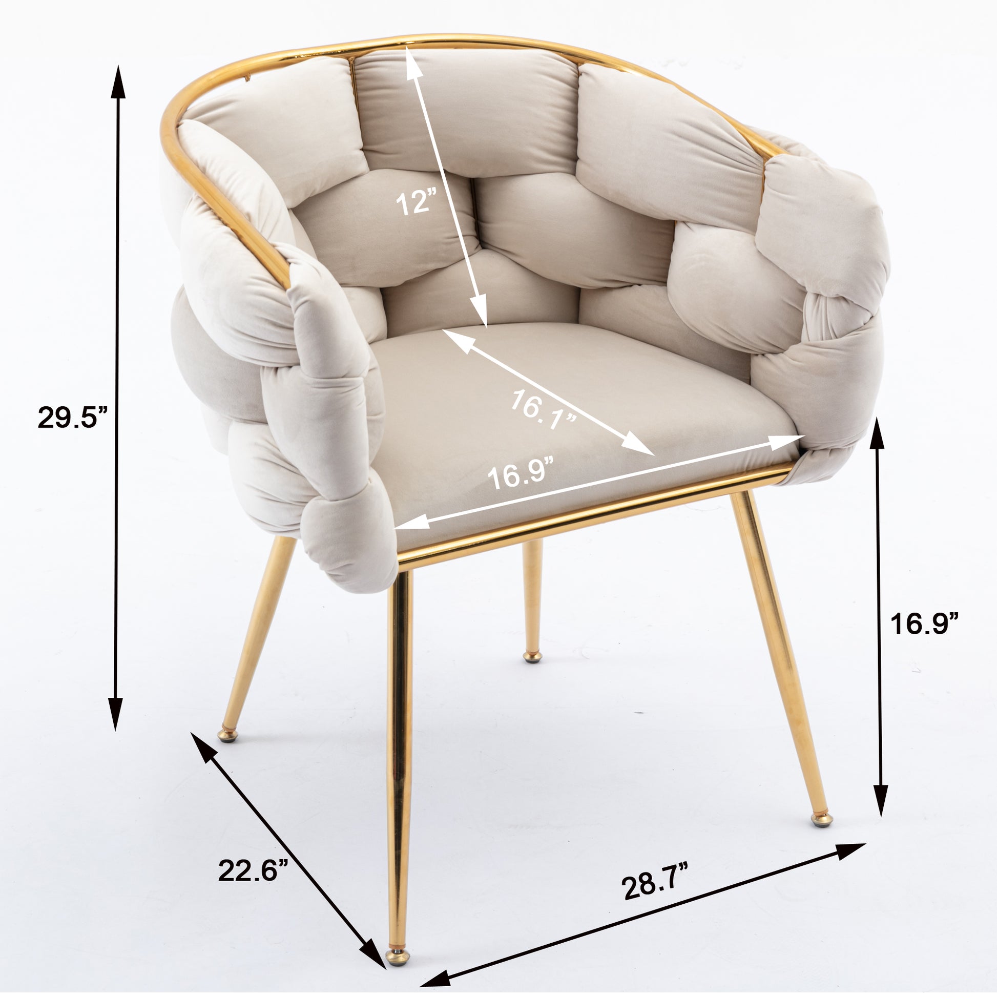Beige velvet accent chair with braided design and gold metal legs
