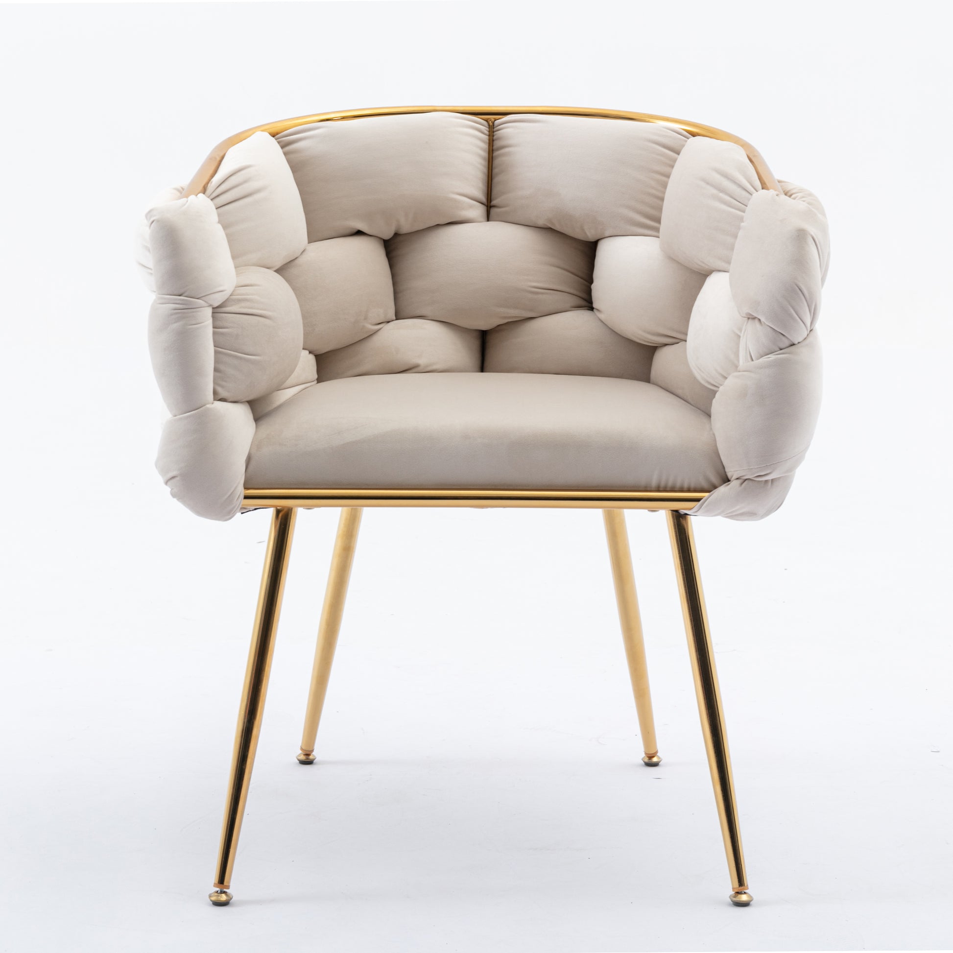 Cream velvet accent chair with tufted cushions and gold metal legs