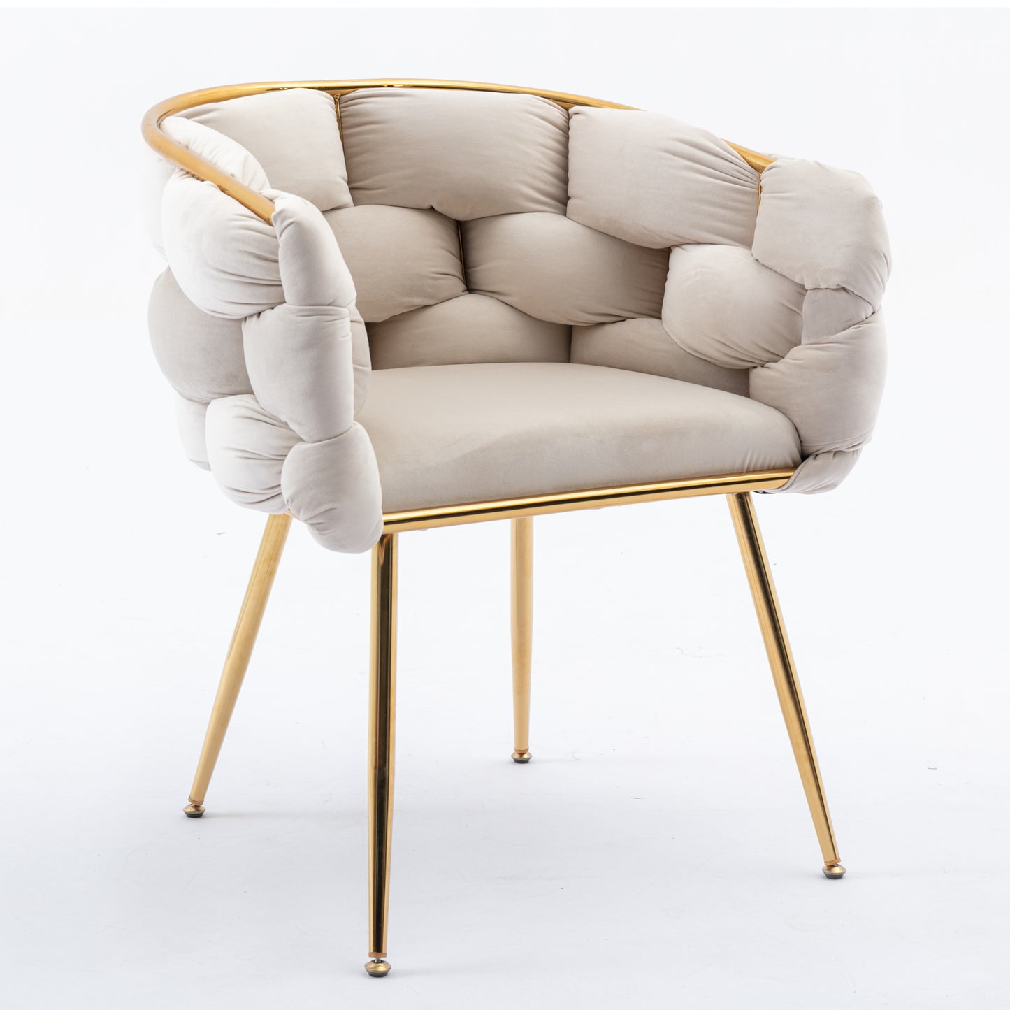 Plush beige accent chair with a quilted velvet seat and gold metal legs perfect for a modern living room