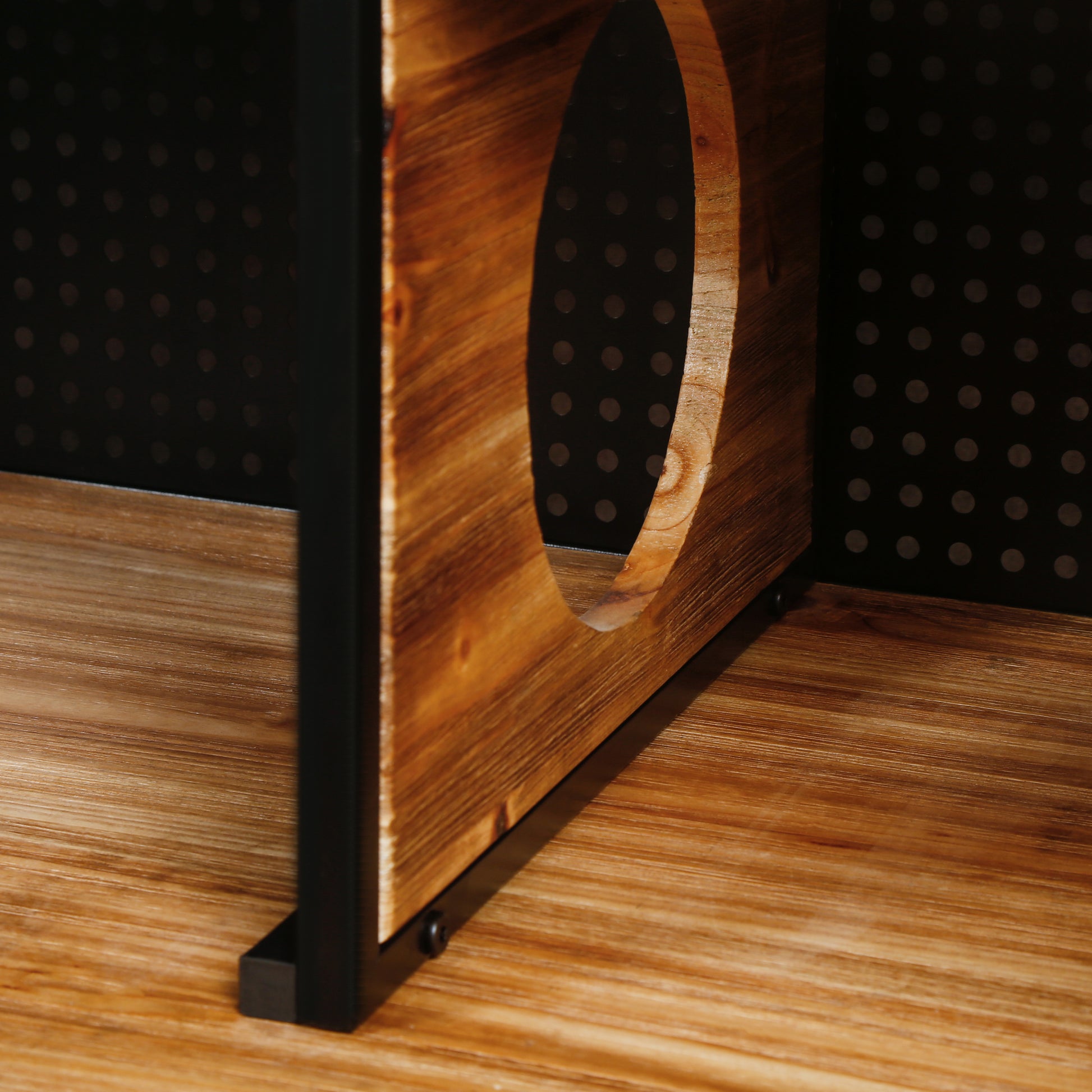 Rustic wood wine rack shelf with black metal frame circular cutout