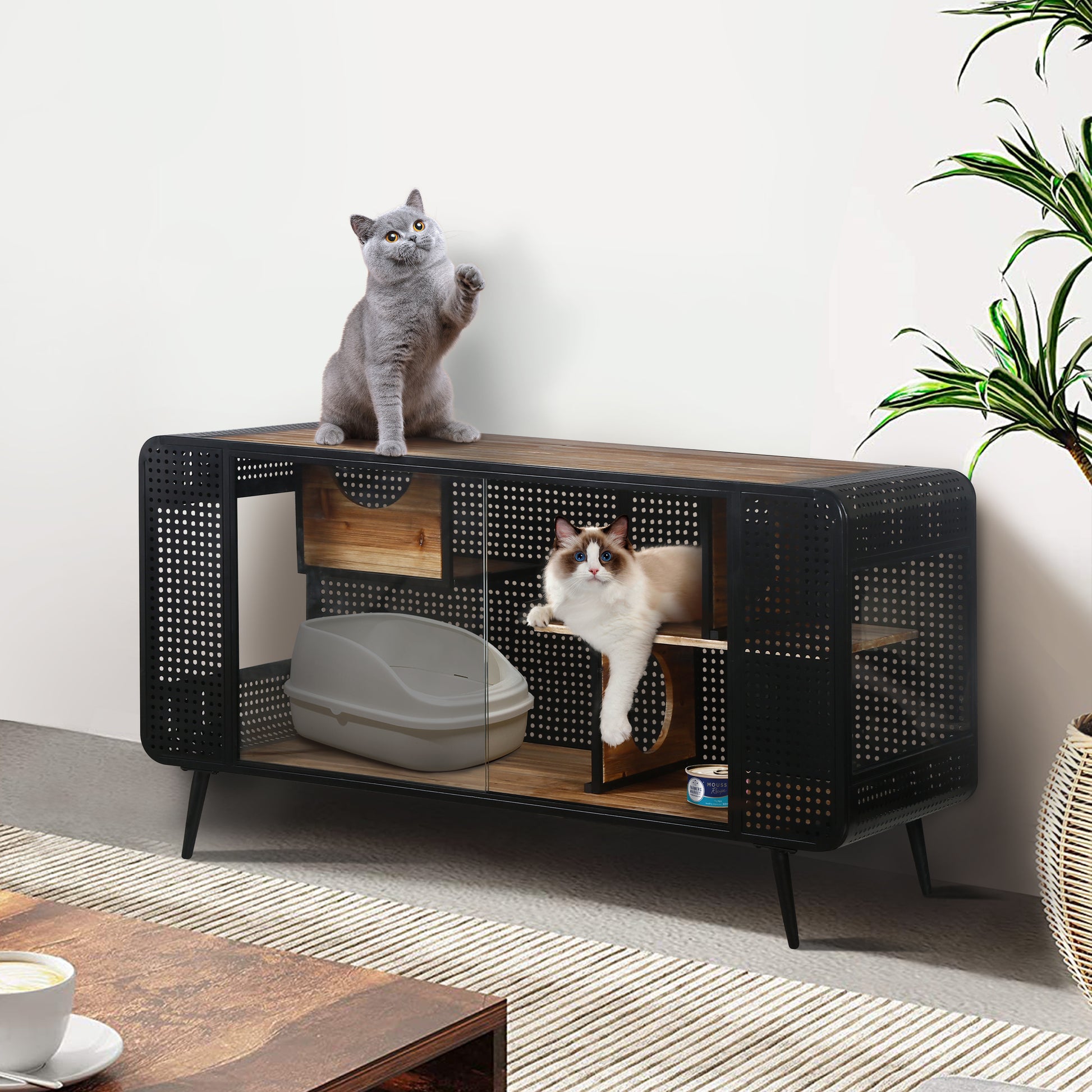 Modern black metal cat cabinet with wood top featuring two cats and a litter box