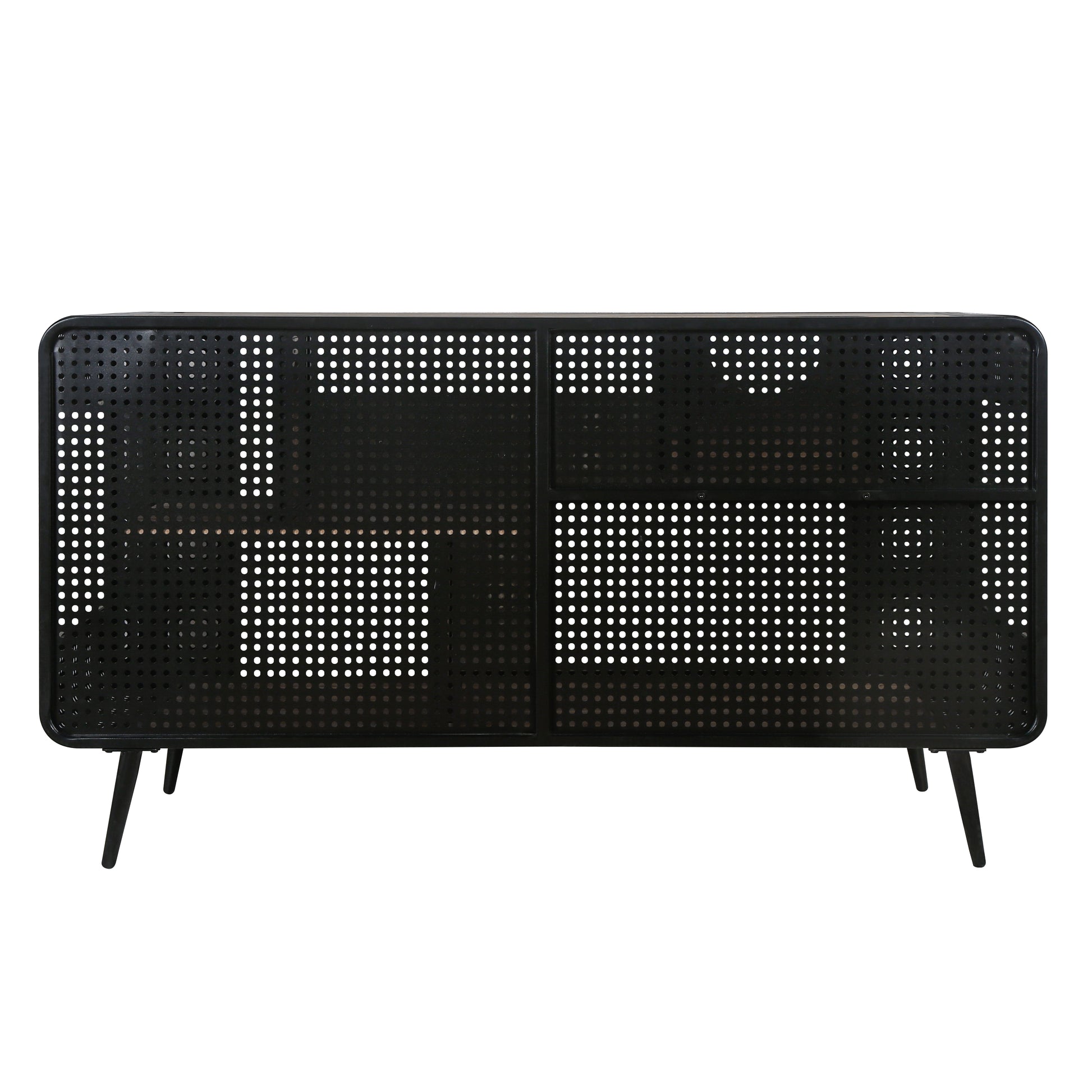 Black perforated metal sideboard with rounded corners and angled legs