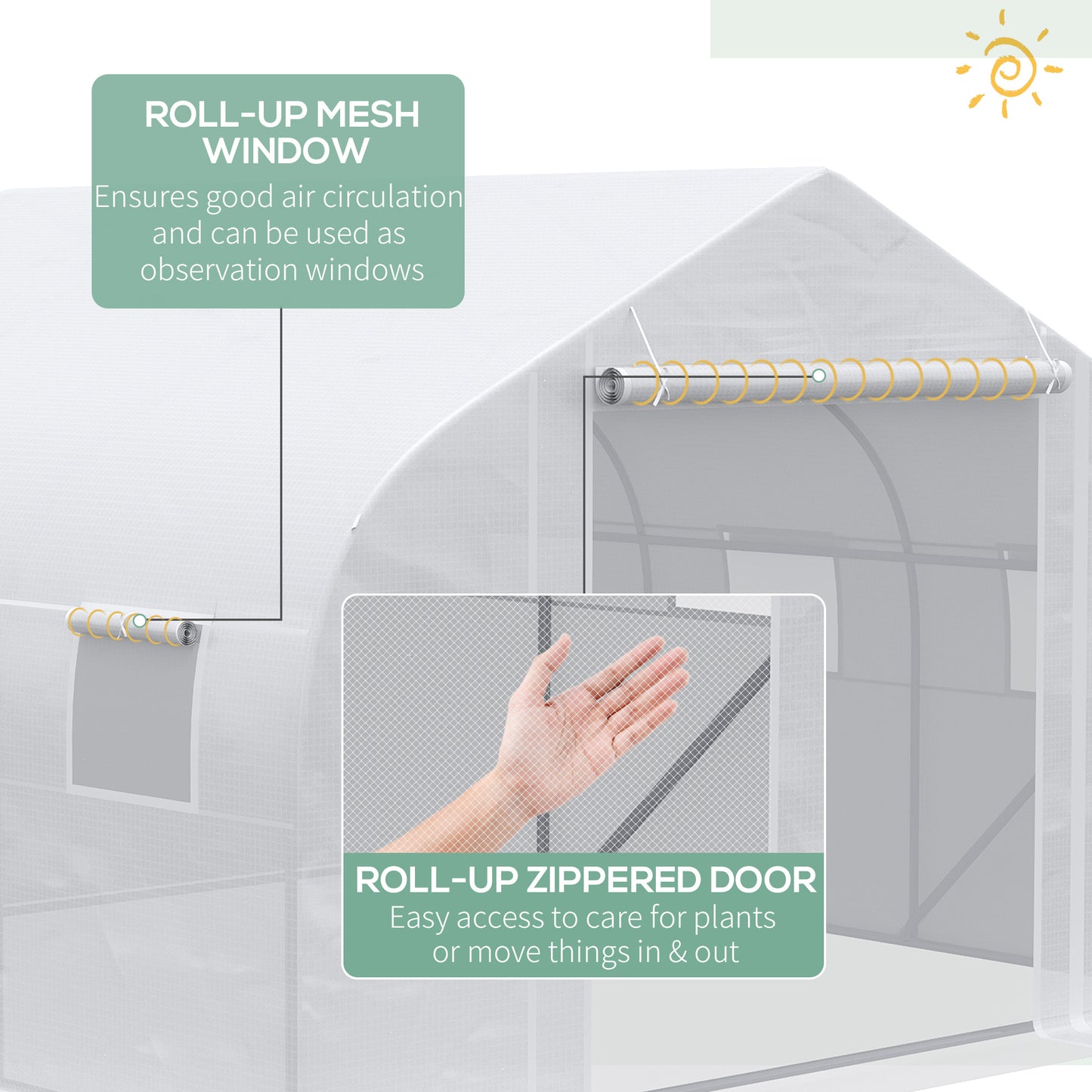 Greenhouse rollup mesh window provides ventilation and visibility for plant care