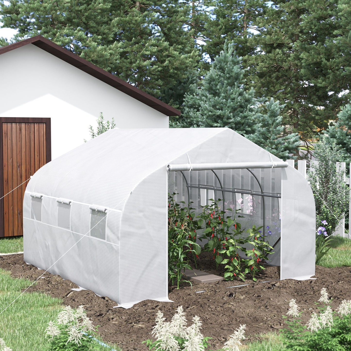 White tunnel greenhouse with steel frame and plants growing inside for a backyard garden