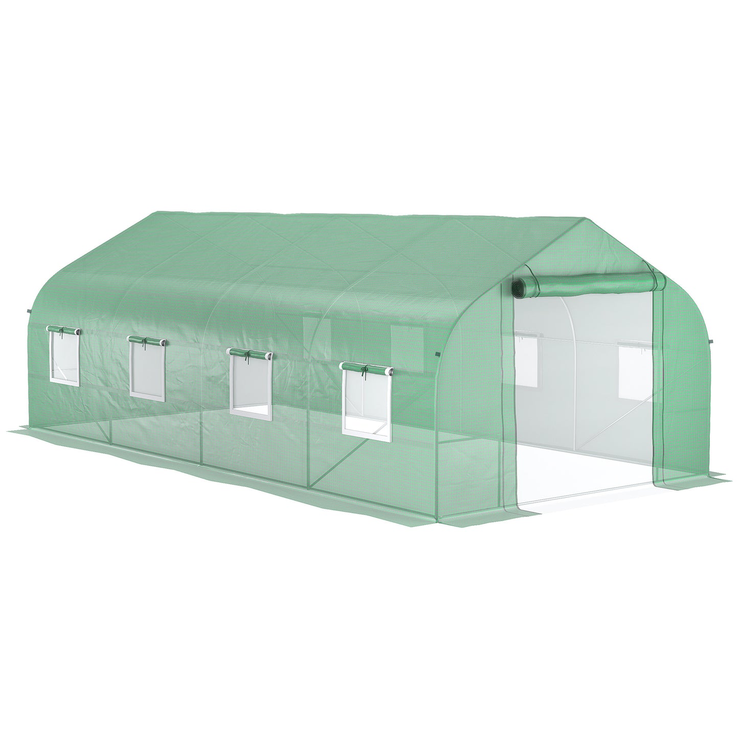 Green tunnel greenhouse with rollup door and multiple windows for optimal plant growth