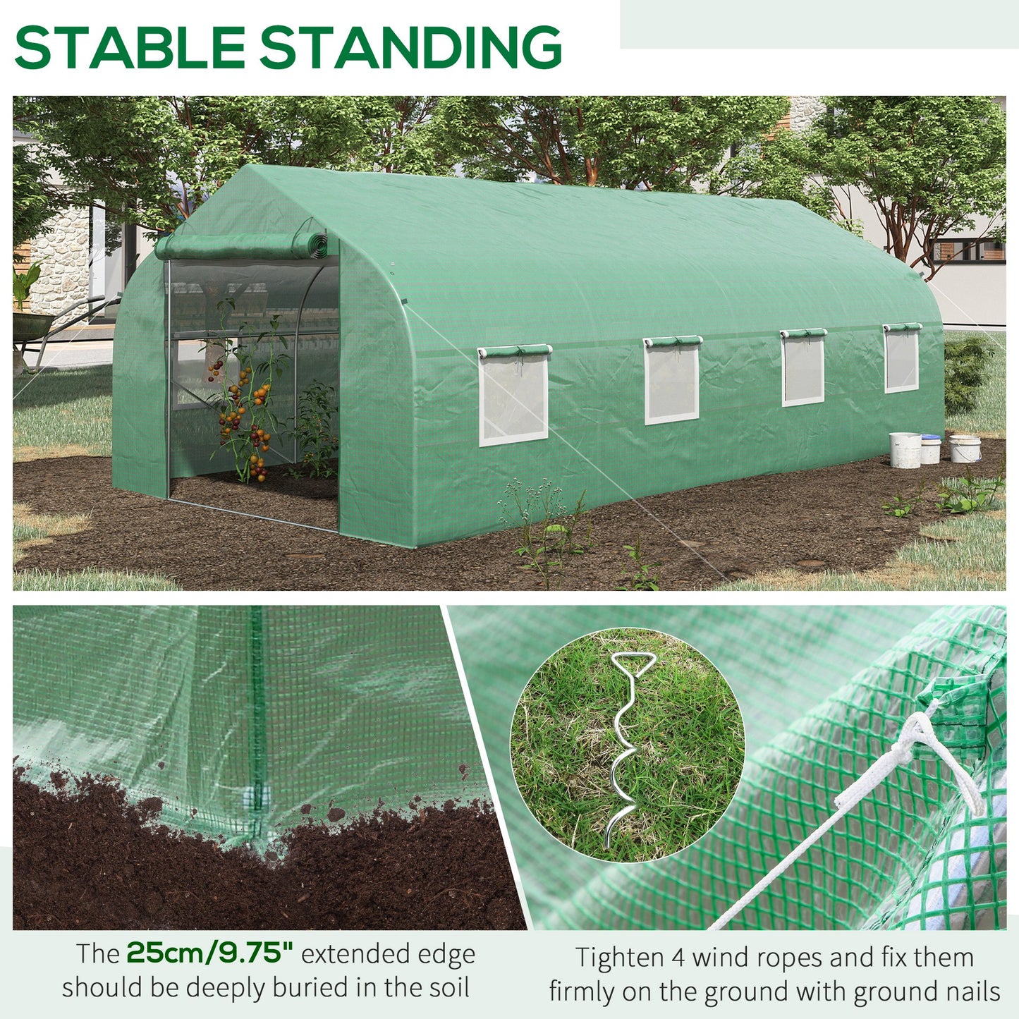 Green polyethylene walkin greenhouse with rollup doors and windows for garden plants