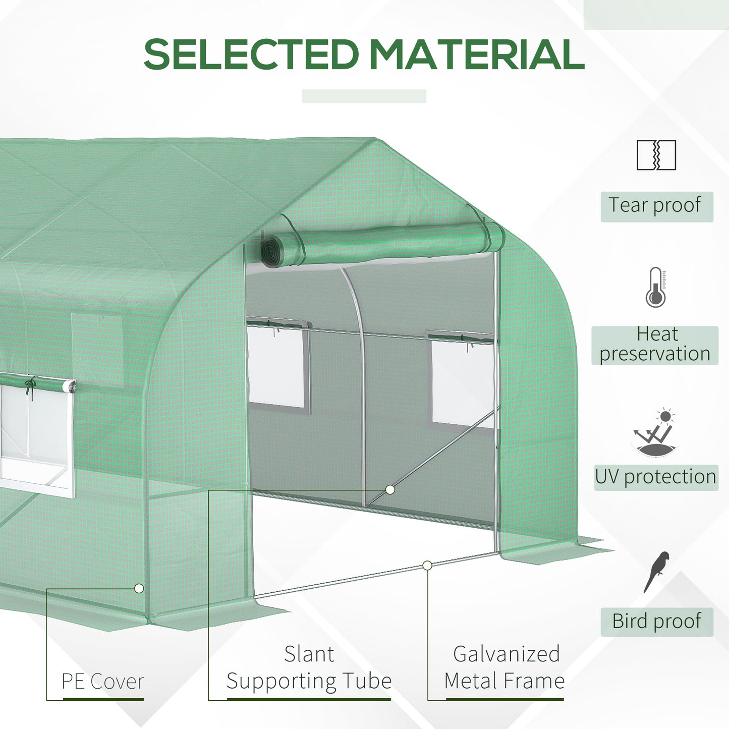 Green PE cover greenhouse with slant supporting tubes and galvanized metal frame
