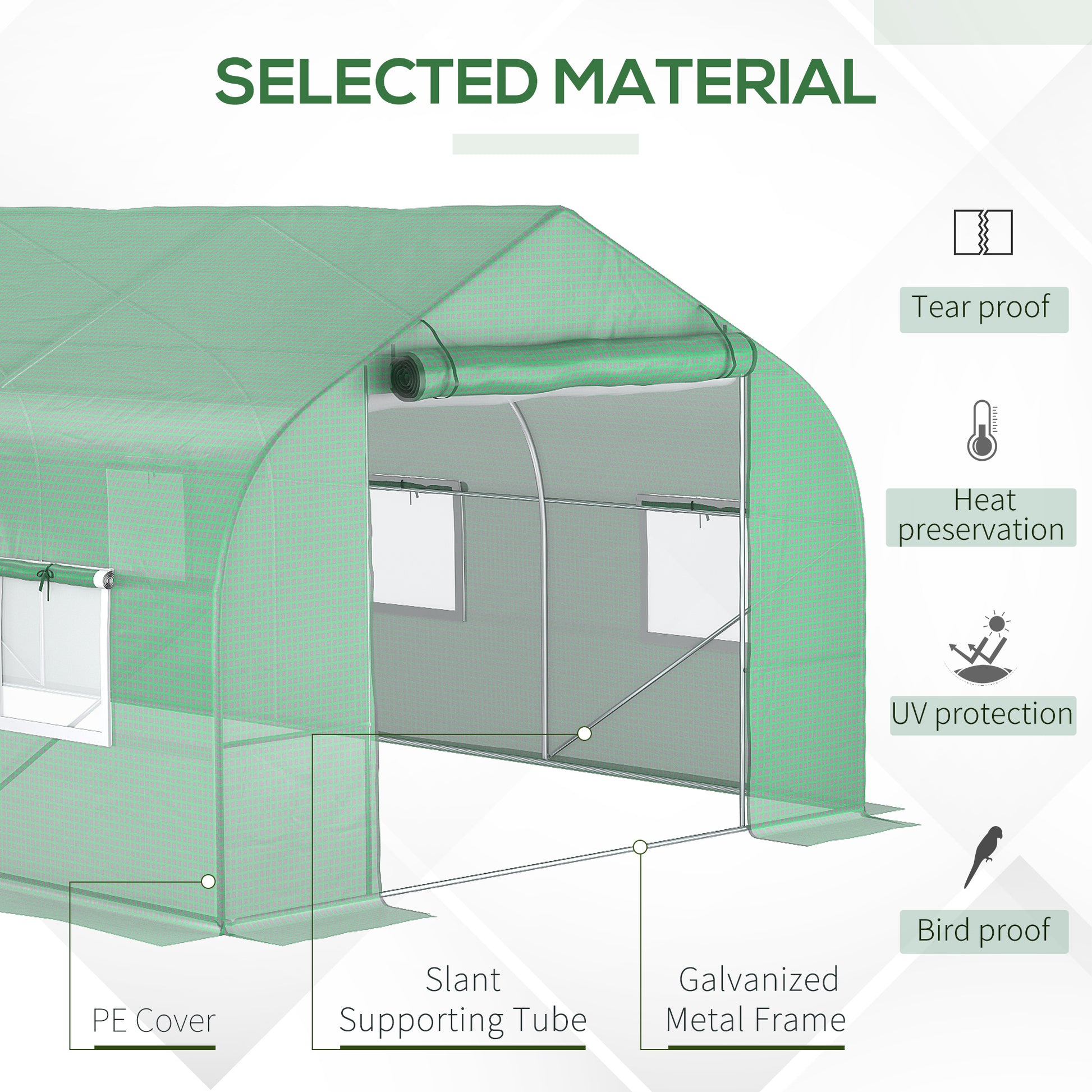 Green PE cover greenhouse with slant supporting tubes and galvanized metal frame