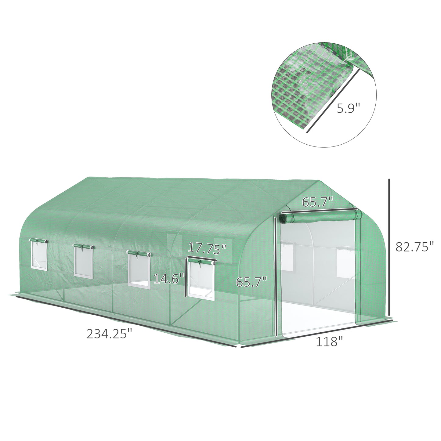Spacious green tunnel greenhouse with four windows and rollup door for gardening
