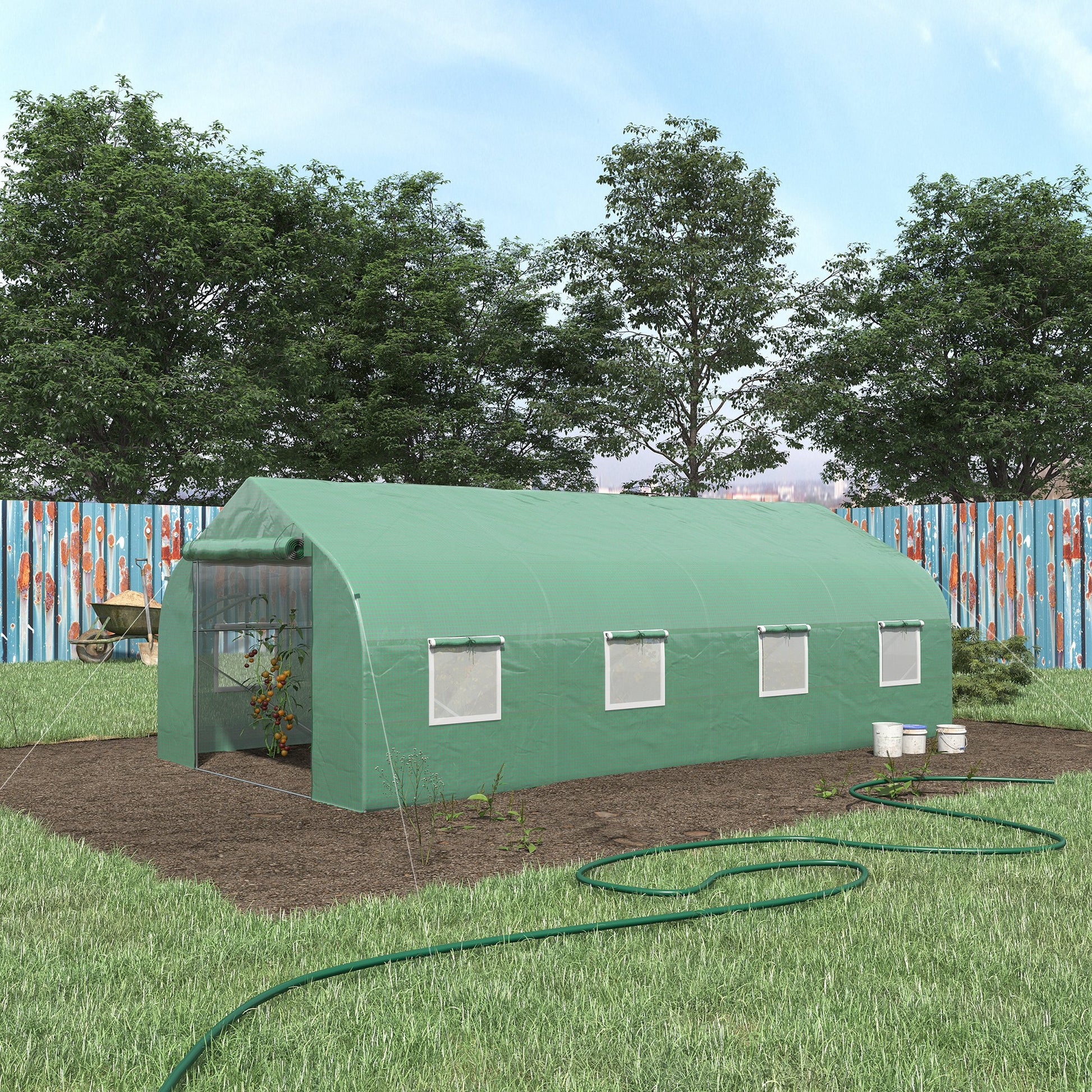 Green walkin greenhouse with rollup door and windows for backyard gardening