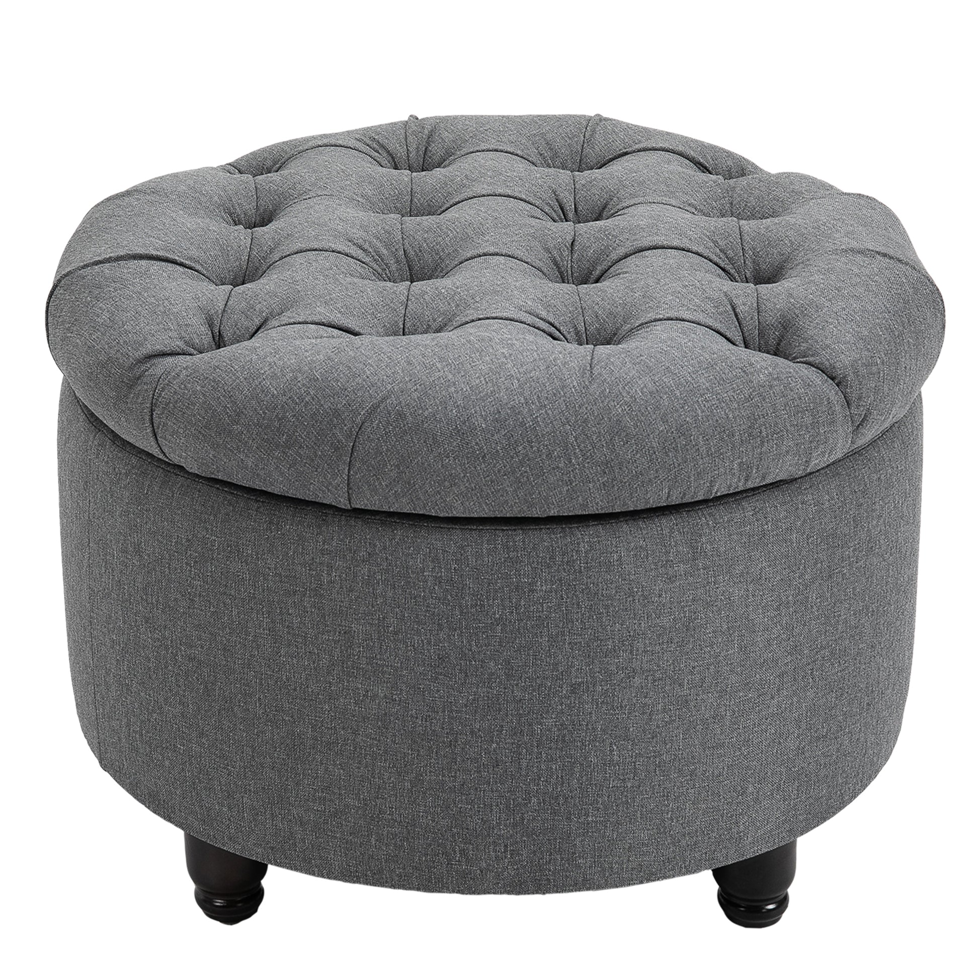 Tufted grey fabric storage ottoman with dark wood legs perfect for entryway or living room