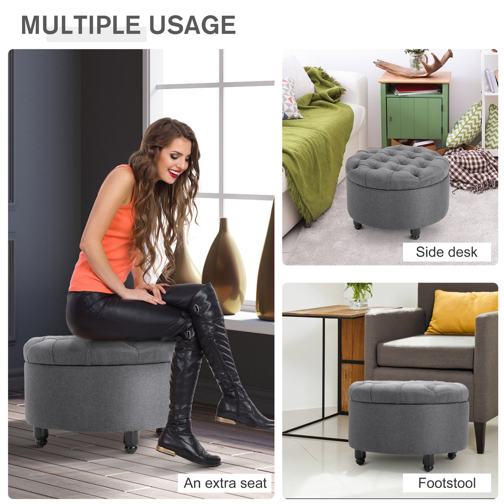 Tufted gray fabric storage ottoman with black legs perfect for entryway organization