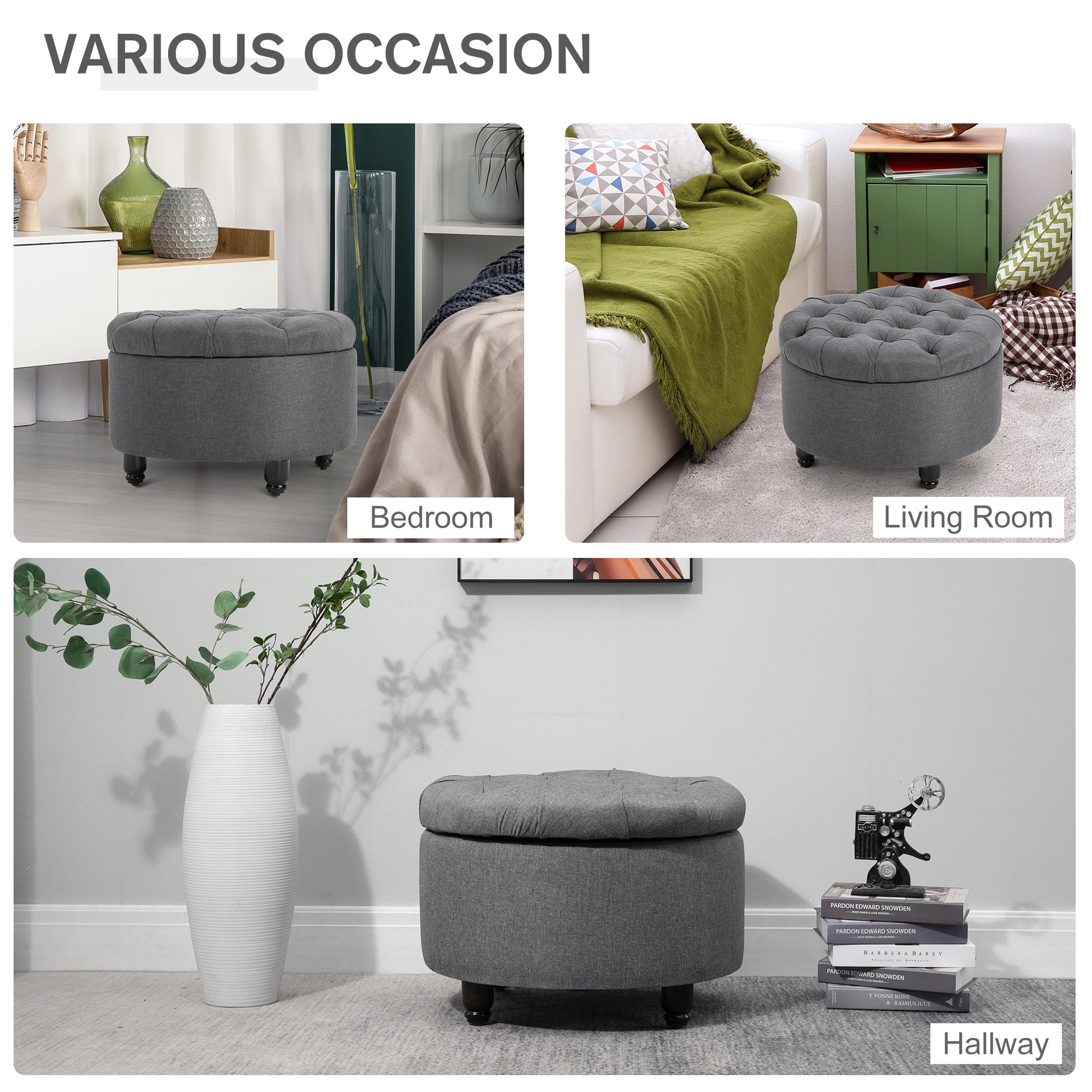 Dark grey tufted storage ottoman with dark wood legs in a bedroom setting