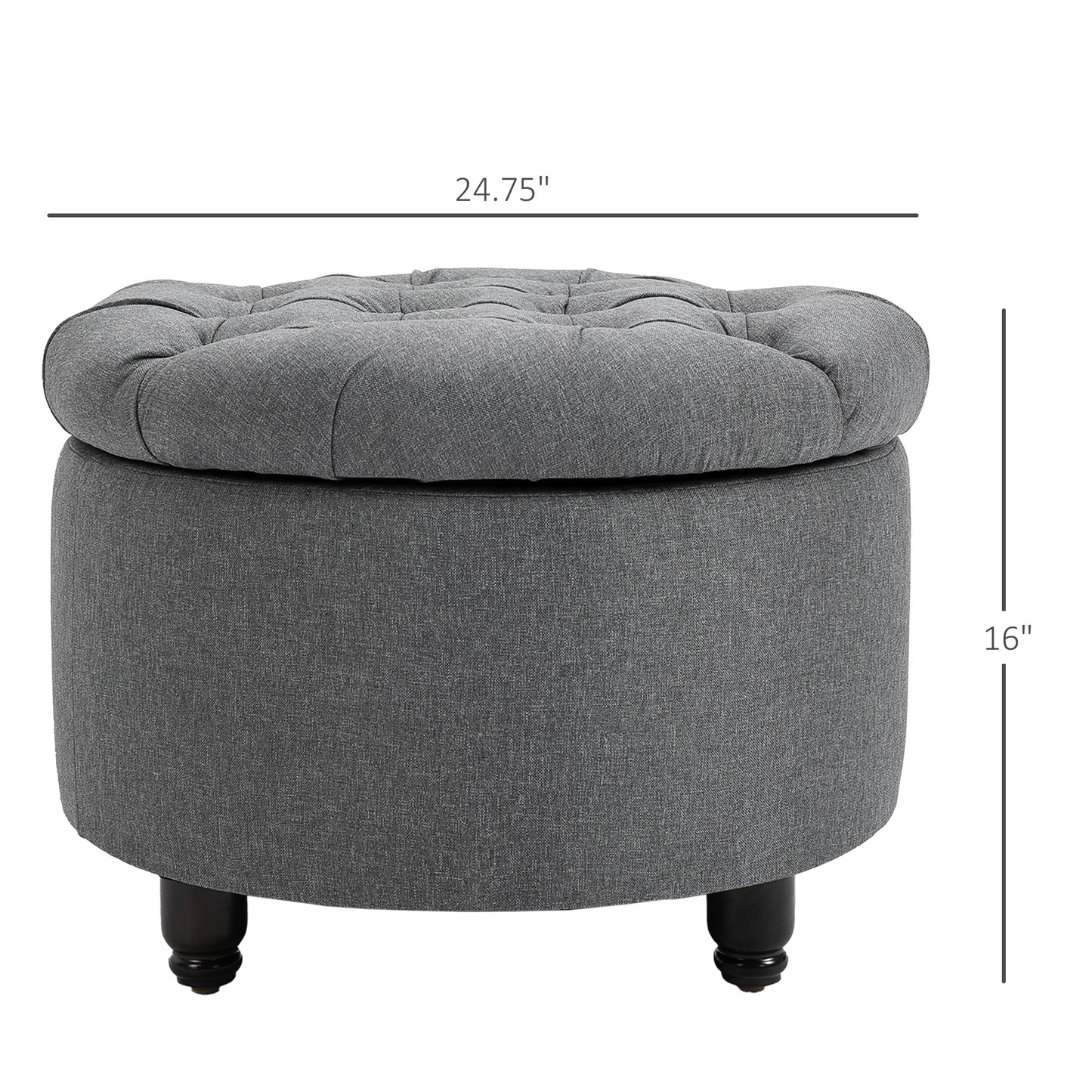 Grey tufted storage ottoman with dark wooden legs perfect for living rooms