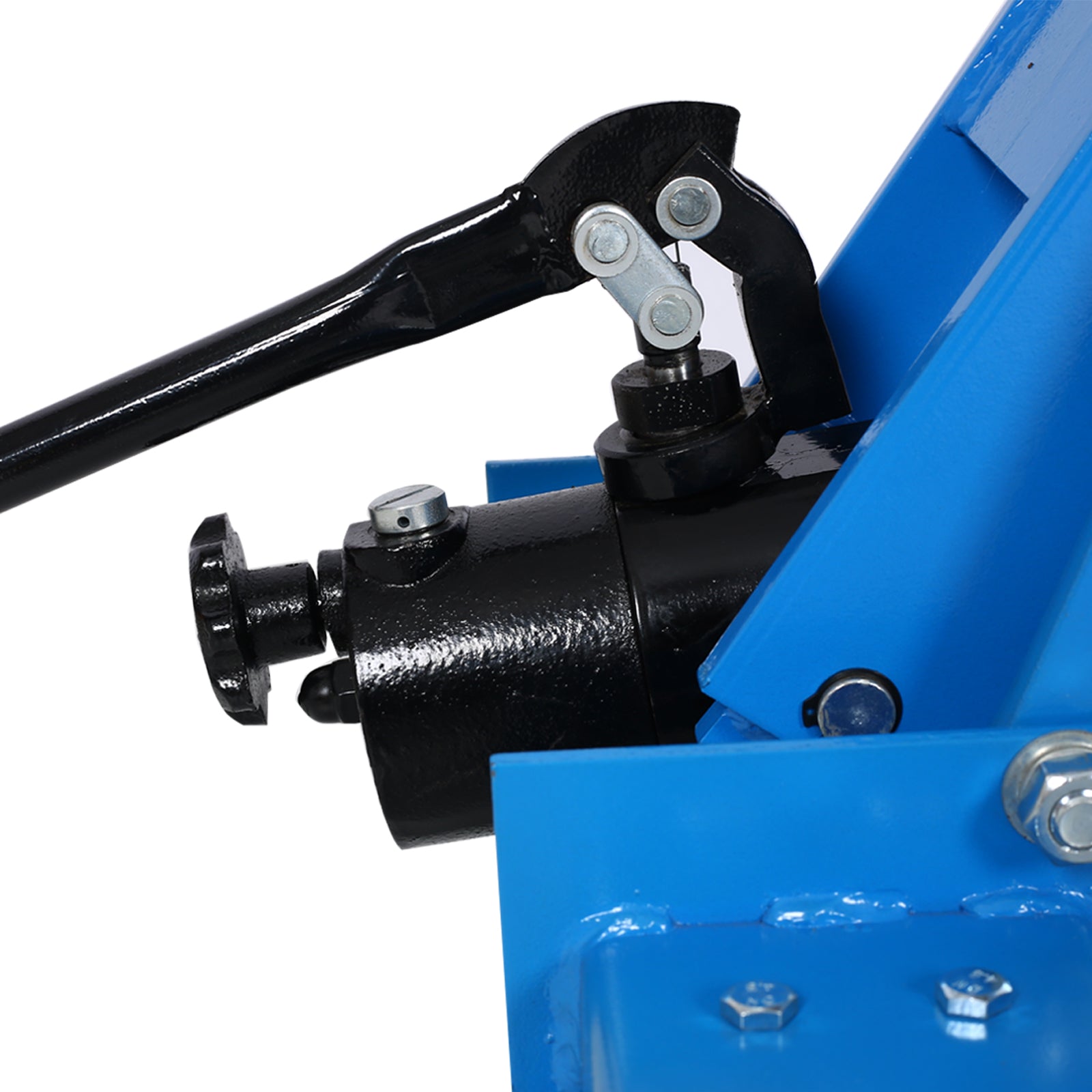 Closeup of a black hydraulic pump handle and valve on a blue jack base