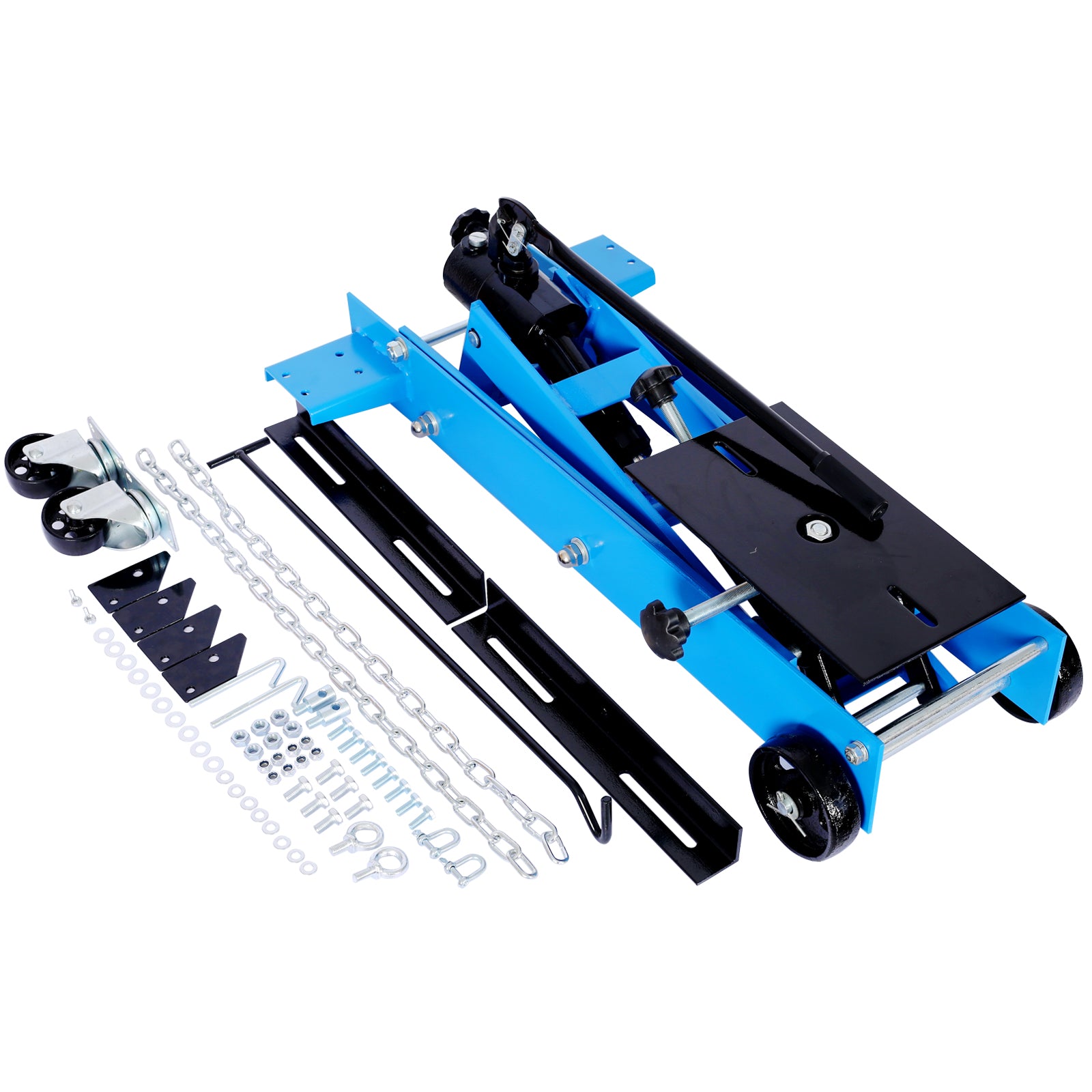 Blue steel transmission jack with hydraulic lift and assorted hardware