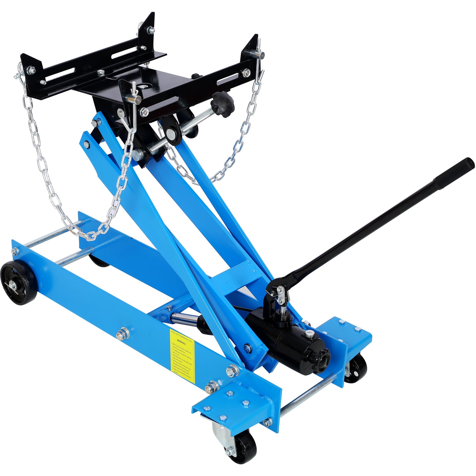 Blue scissor transmission jack with black handle and chains for automotive repair