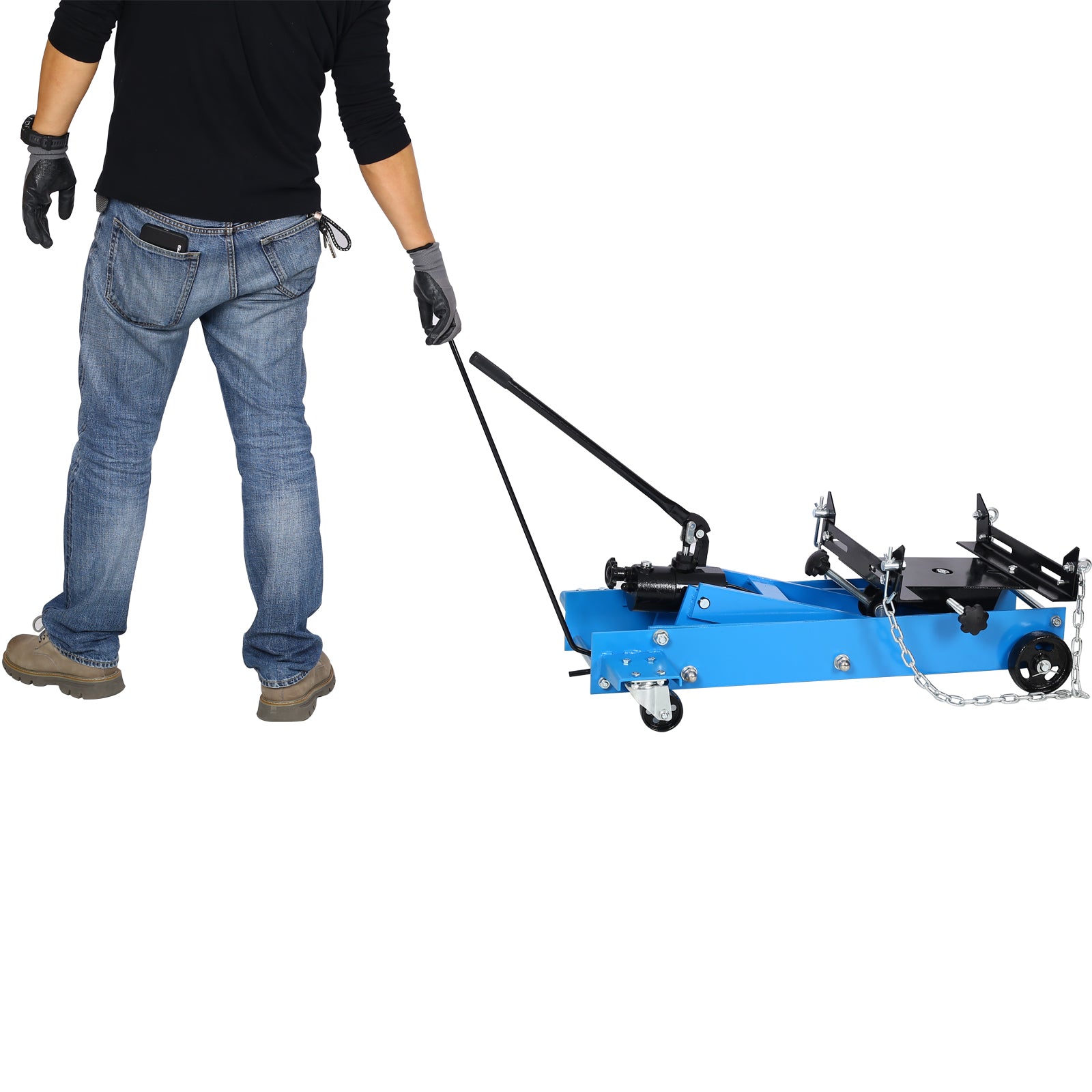 Blue hydraulic transmission jack with adjustable saddle and chain for safe lifting