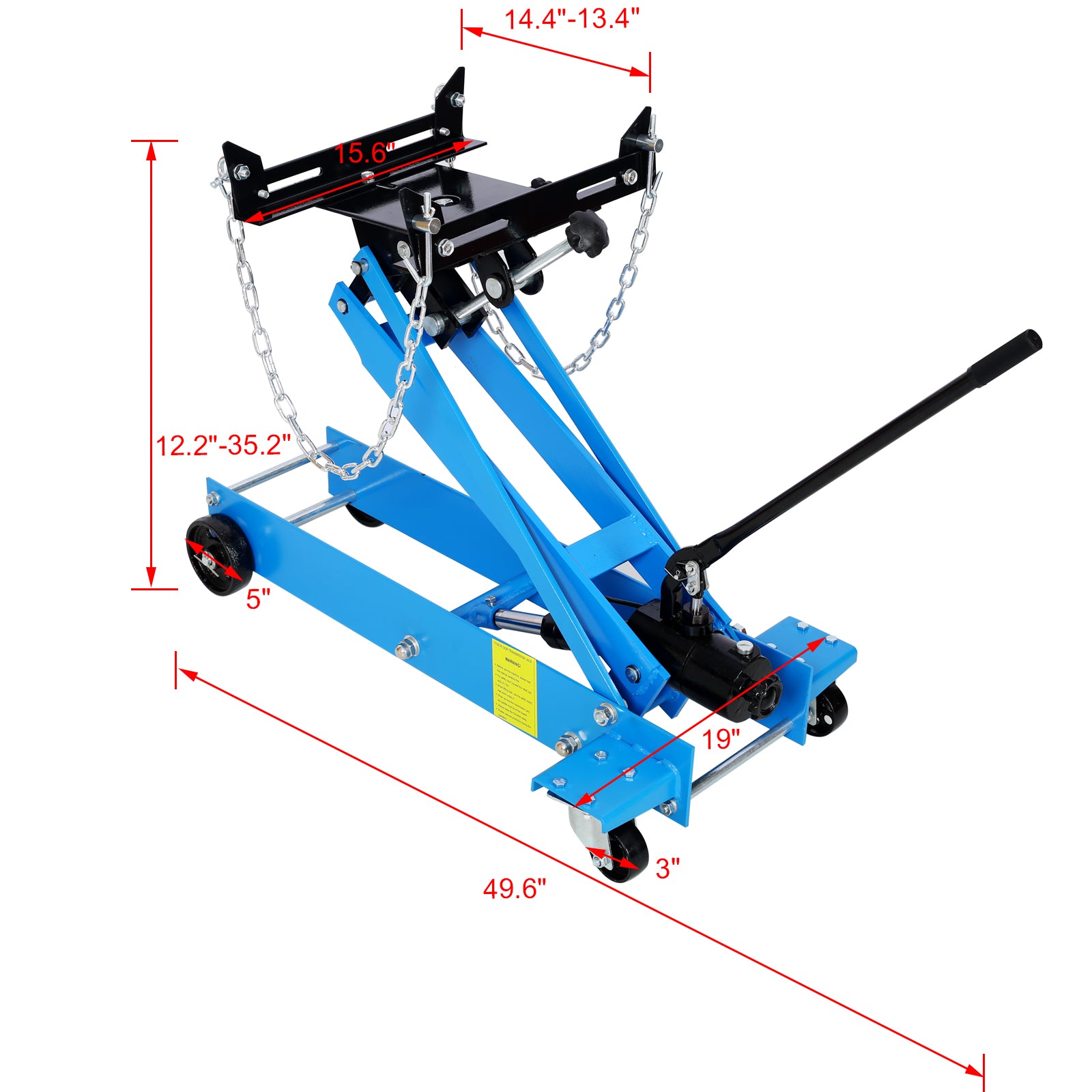 Blue hydraulic transmission jack with scissor lift and adjustable mounting plate for vehicle maintenance