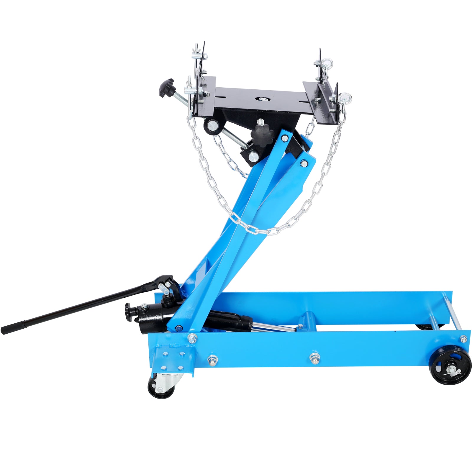 Blue hydraulic transmission jack with adjustable cradle and chains