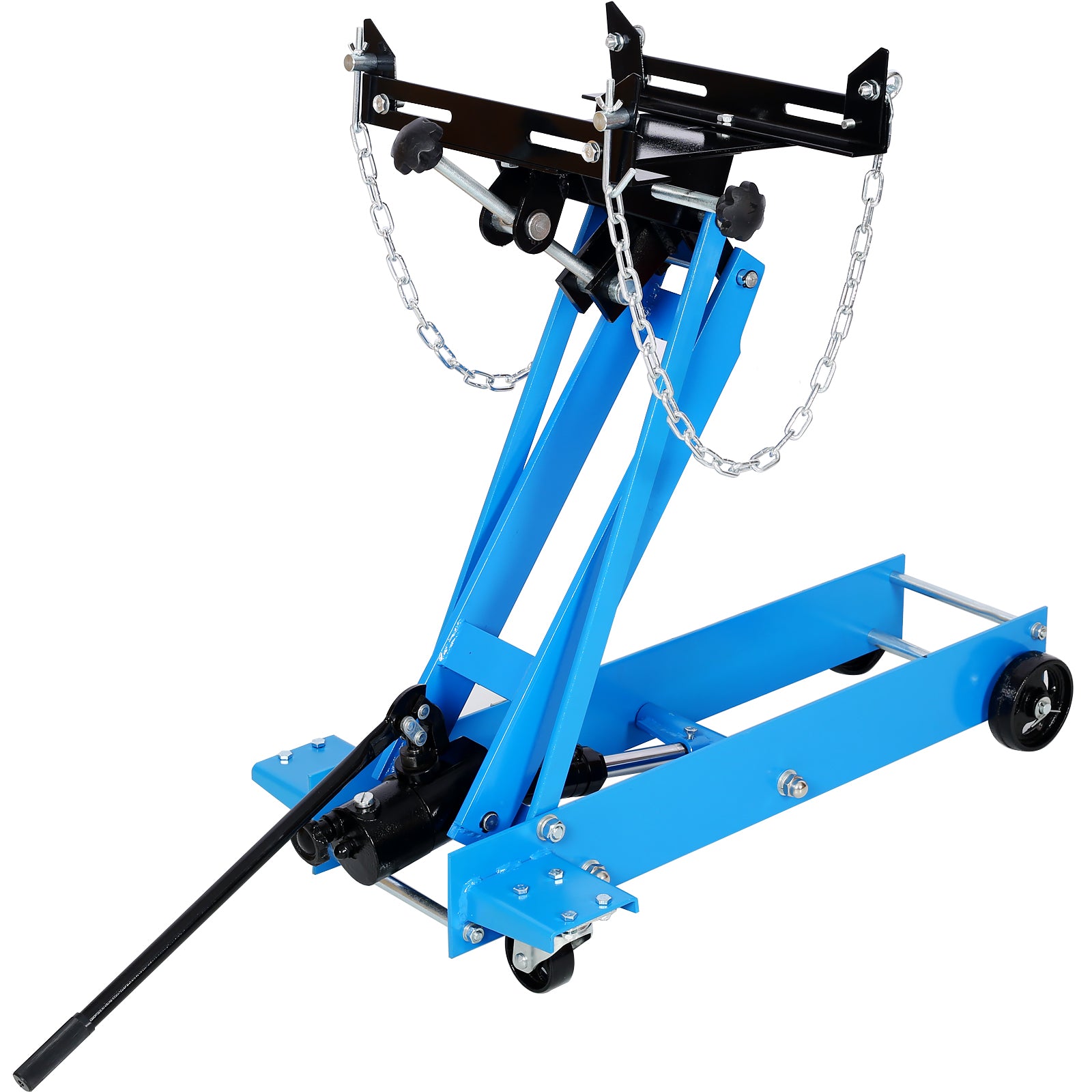 Blue hydraulic transmission jack with adjustable lifting arms and safety chains