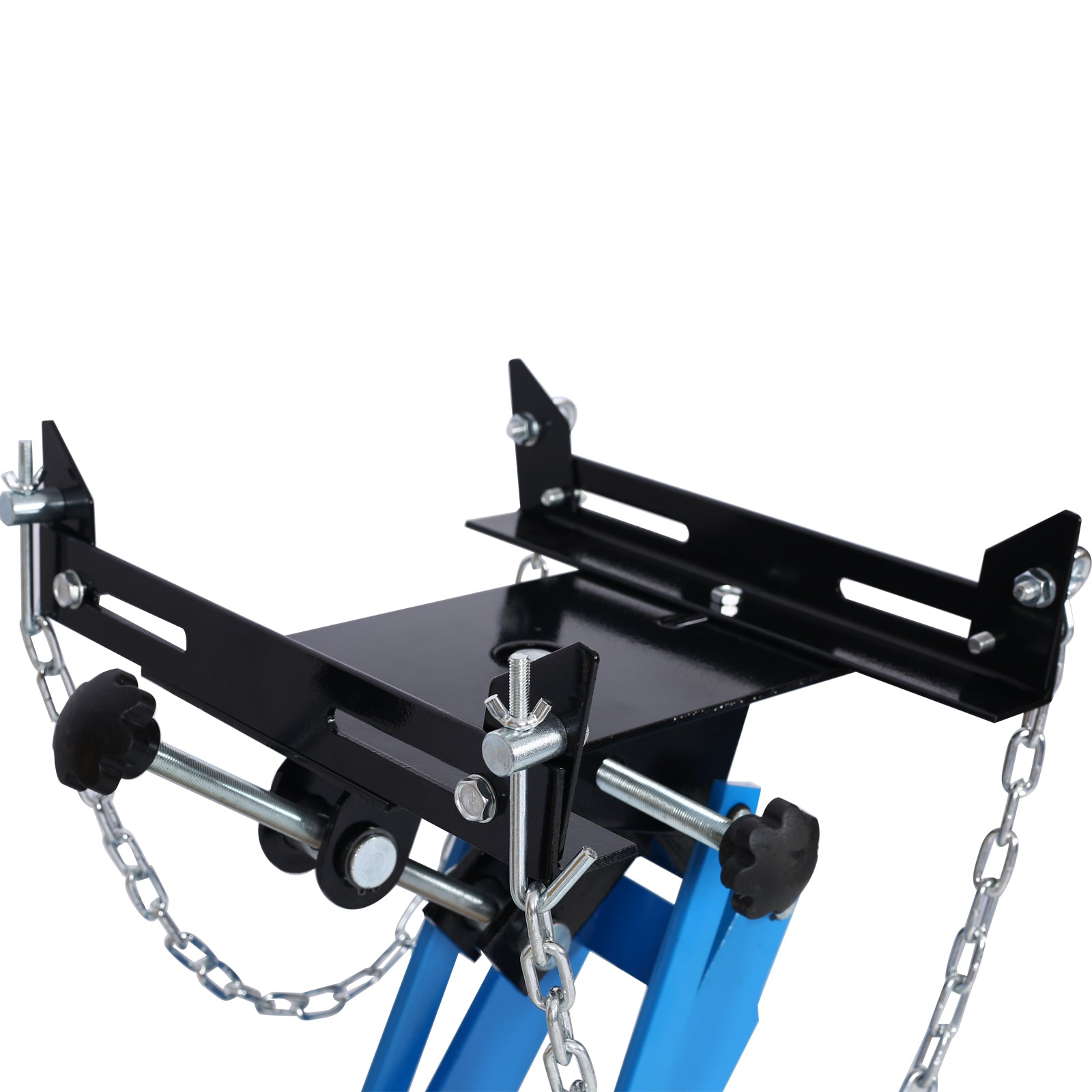 Heavyduty black metal transmission jack with adjustable arms and safety chains