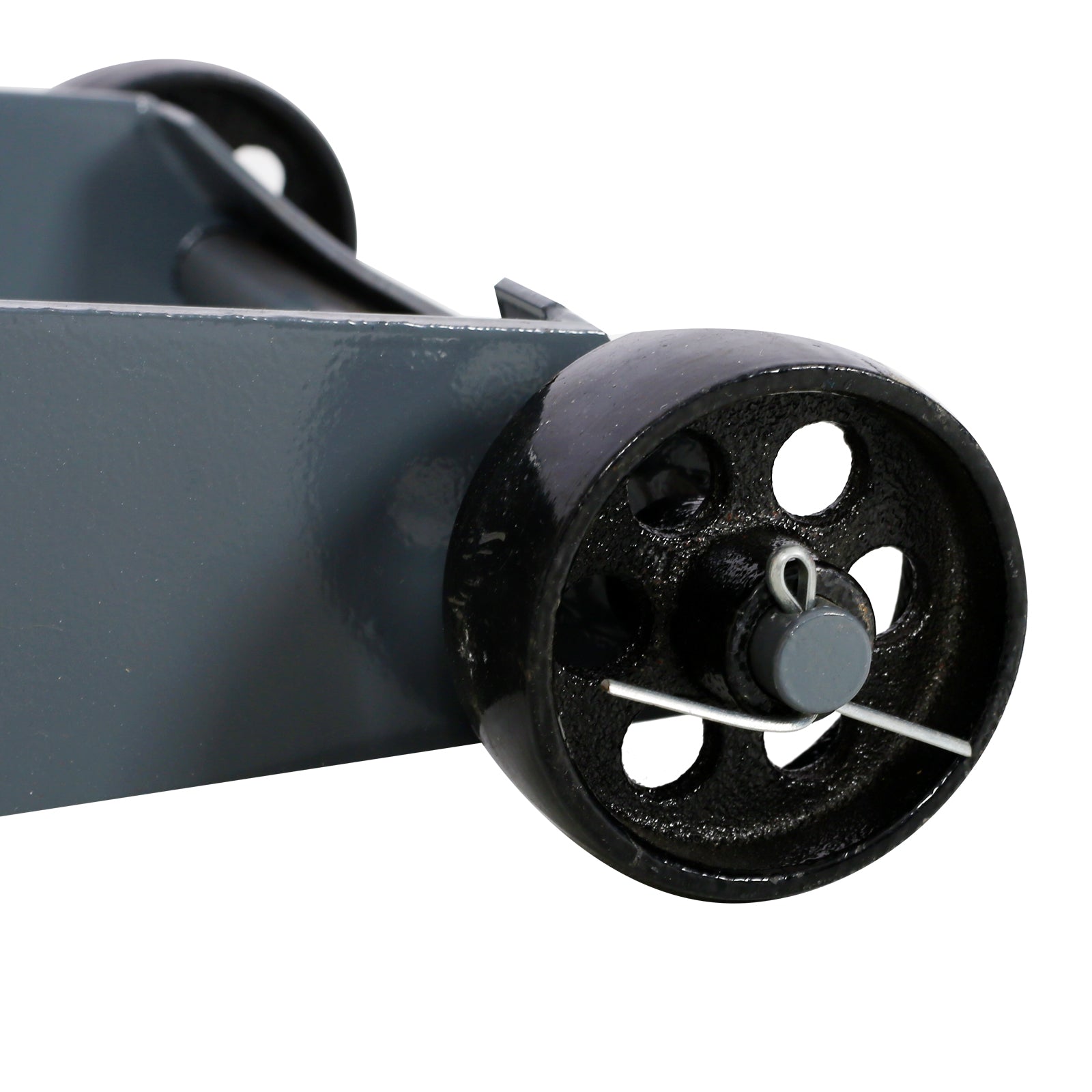 Gray hydraulic jack base with black castor wheel showing pin detail