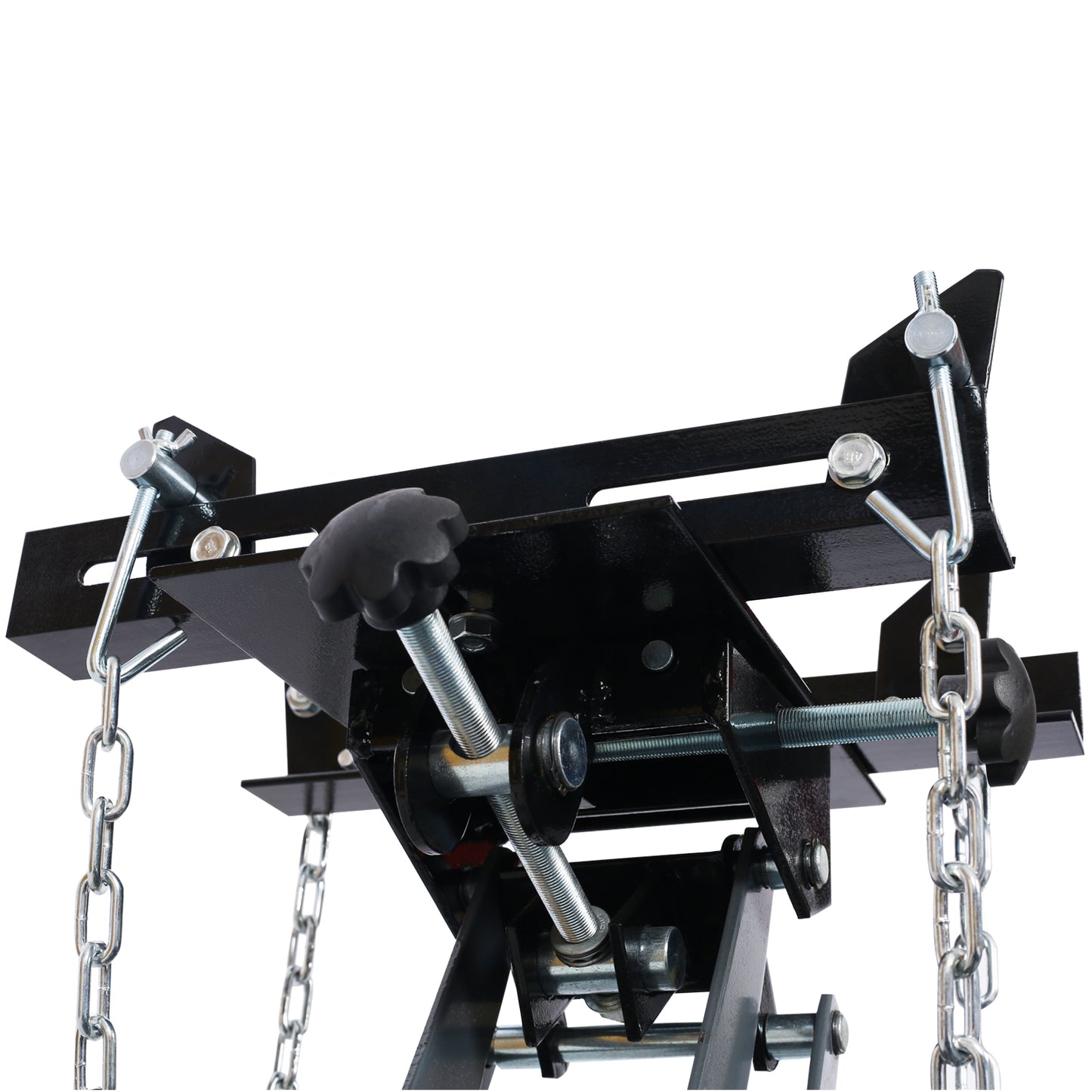 Heavyduty black transmission jack with adjustable chains and screw mechanism for secure lifting