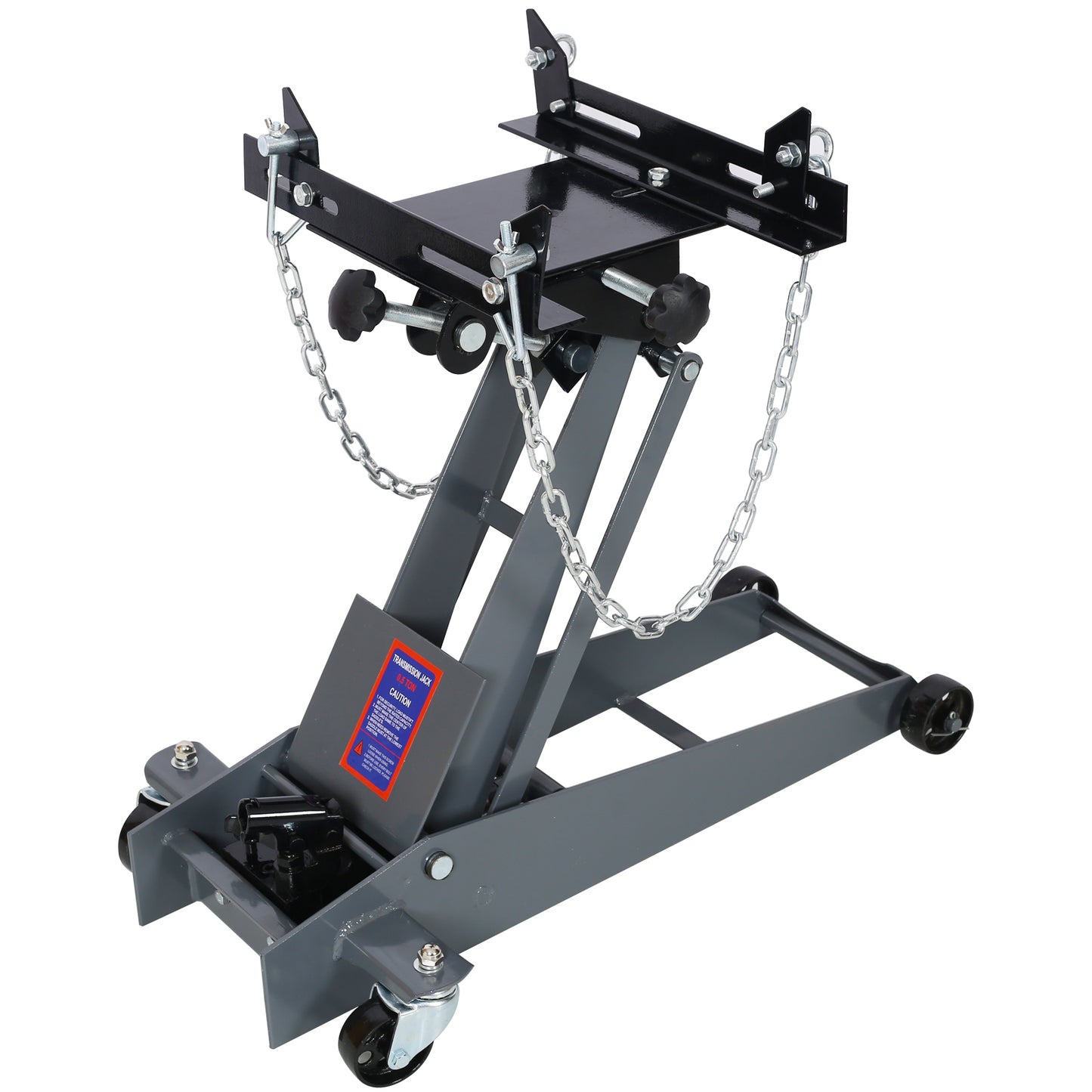 Gray  ton transmission jack with adjustable lifting arms and safety chains