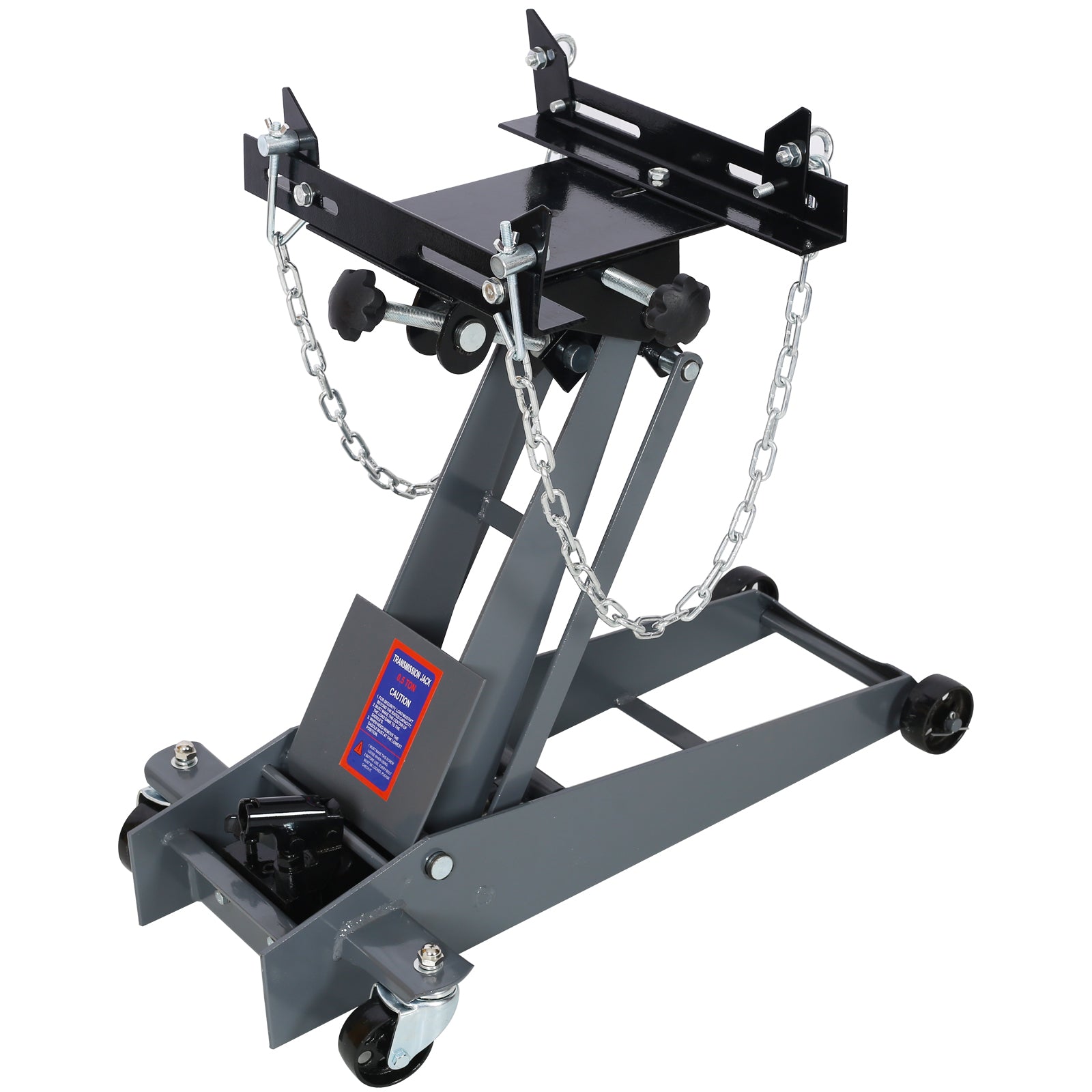 Gray  ton transmission jack with adjustable lifting arms and safety chains