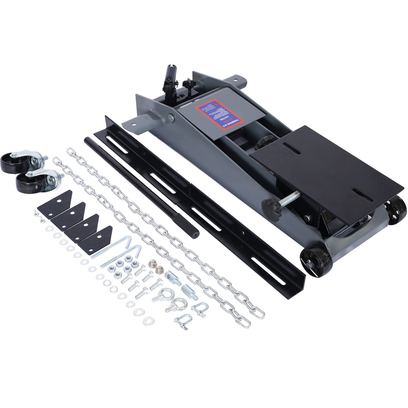 Heavyduty gray hydraulic transmission jack with adjustable straps and mounting hardware